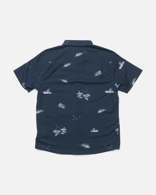 Back view of the Breezer Perforated Button Up - Midnight Navy.