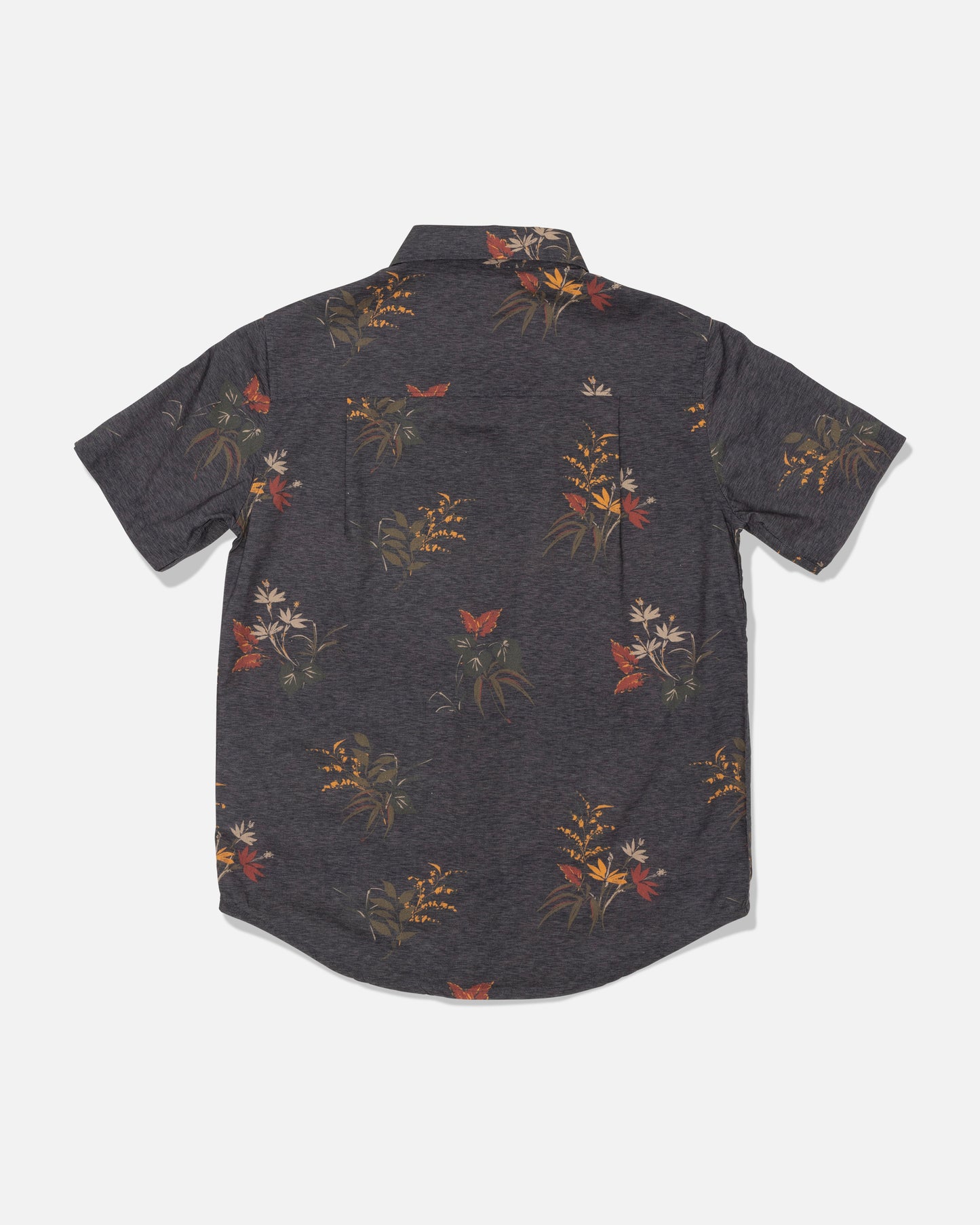 A rear view of the Salty Crew Crew Boys Button Up in Off Black, a short-sleeve cotton blend shirt featuring a subtle allover floral and butterfly print in muted orange, yellow, and cream tones.