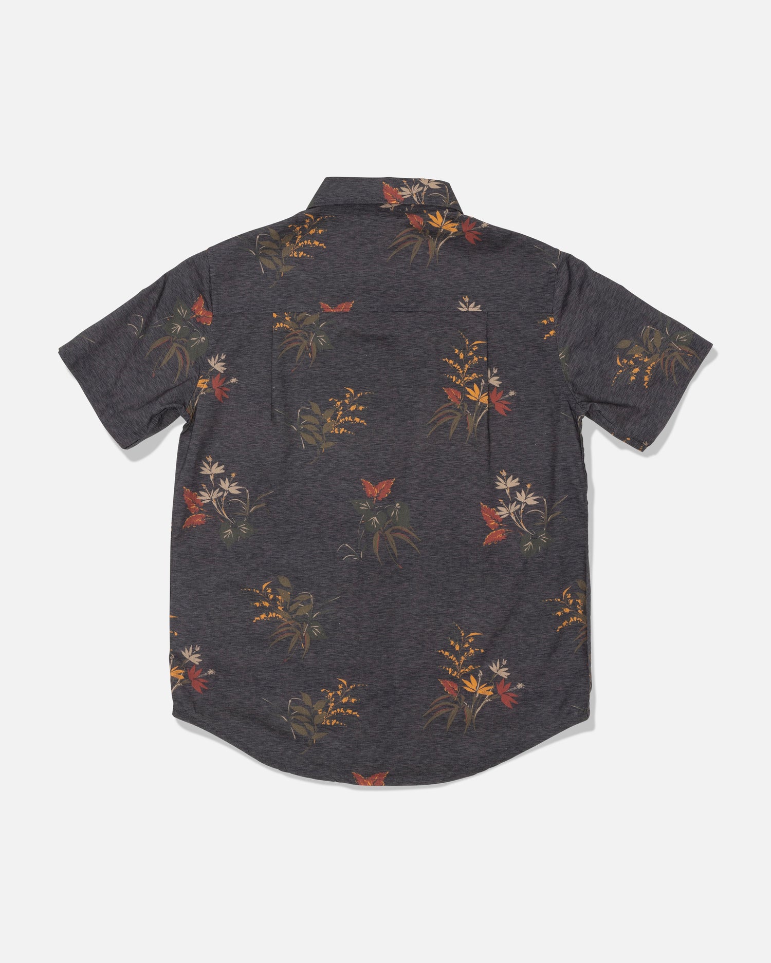 A rear view of the Salty Crew Crew Boys Button Up in Off Black, a short-sleeve cotton blend shirt featuring a subtle allover floral and butterfly print in muted orange, yellow, and cream tones.