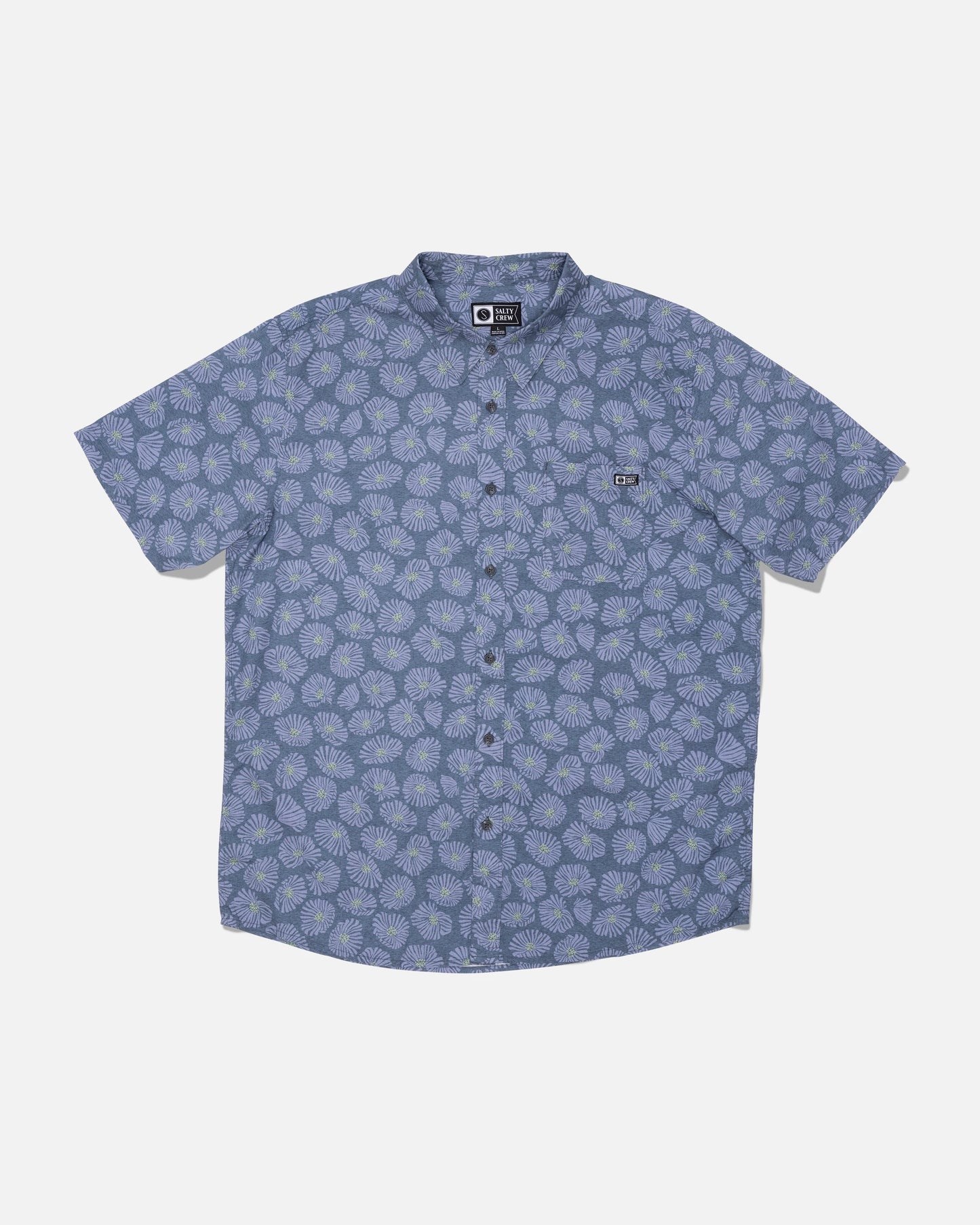 Salty Crew Crew Button Up in Hitch Blue—this short-sleeve cotton blend shirt features a light blue floral allover print, front chest pocket, and classic collar. Shirt is shown laid flat on a white background.