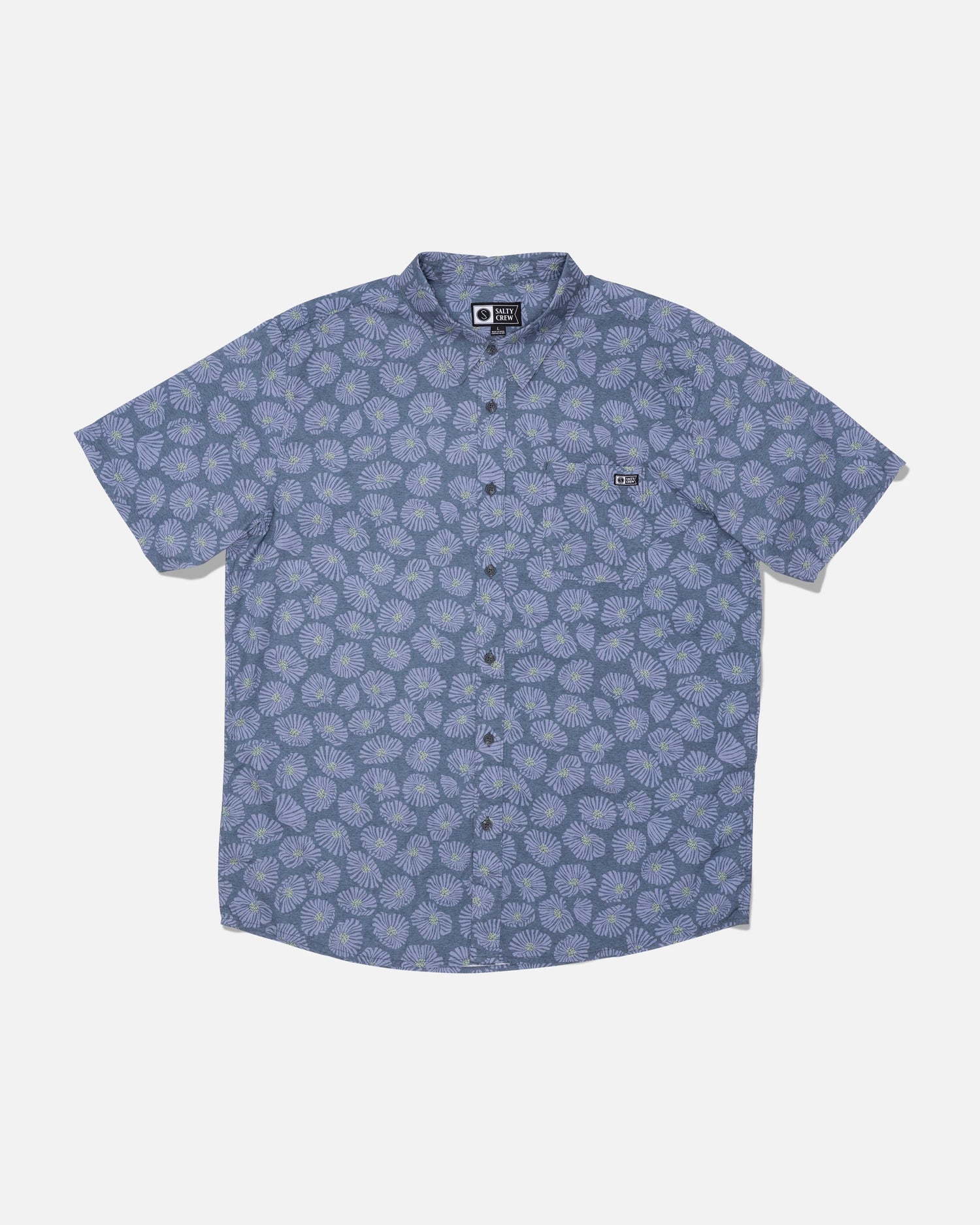 Salty Crew Crew Button Up in Hitch Blue—this short-sleeve cotton blend shirt features a light blue floral allover print, front chest pocket, and classic collar. Shirt is shown laid flat on a white background.
