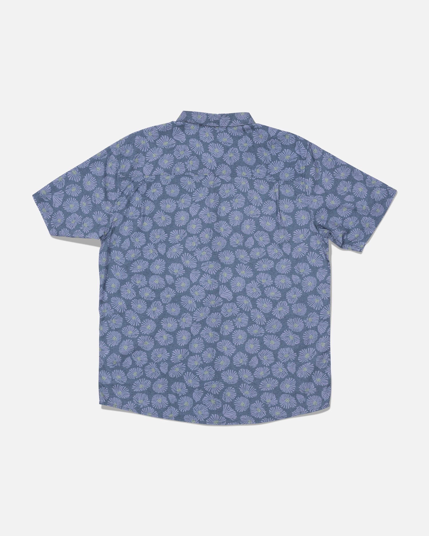 A back view of the Salty Crew Crew Button Up - Hitch Blue is displayed against a plain white surface, featuring short sleeves and a cotton blend fabric with an allover white floral print on a blue background.