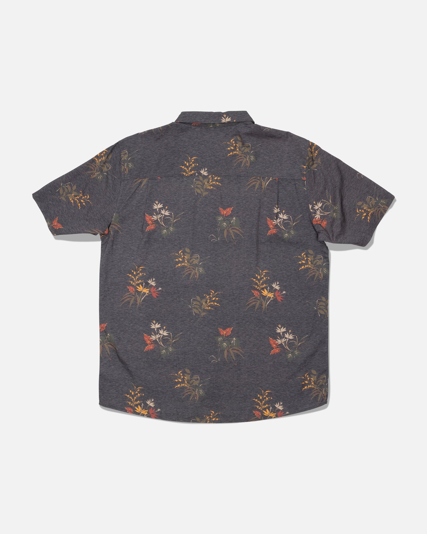 Salty Crew’s Crew Button Up in Off Black is a short-sleeve cotton blend shirt featuring a subtle allover floral and butterfly print in muted red, yellow, and green tones. Shown from the back against a plain white background, this shirt is finished with a soft hand garment wash for added comfort.