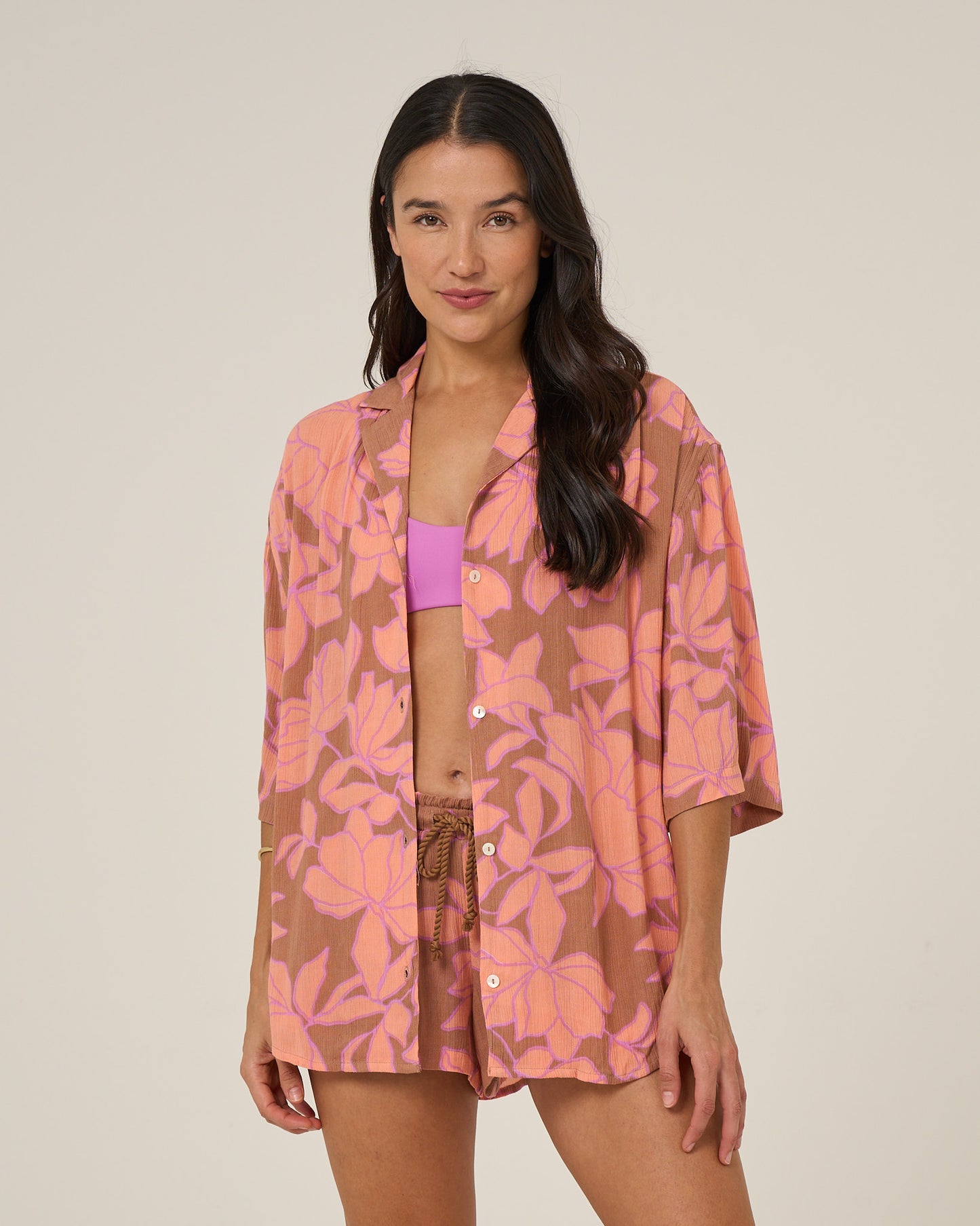 Front view of the Rose Parade Tunic - Mocha. 