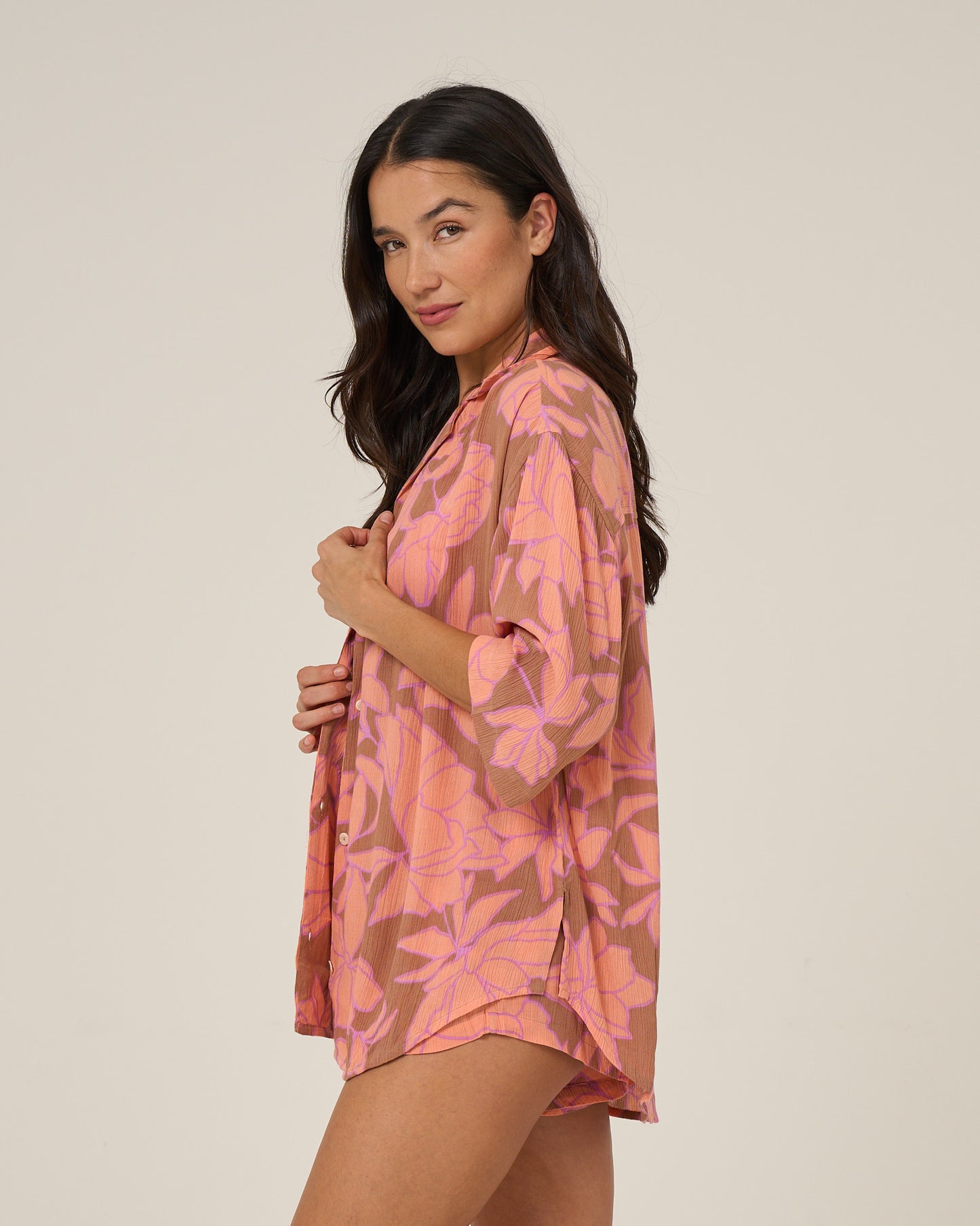 Profile side of the Rose Parade Tunic - Mocha. 