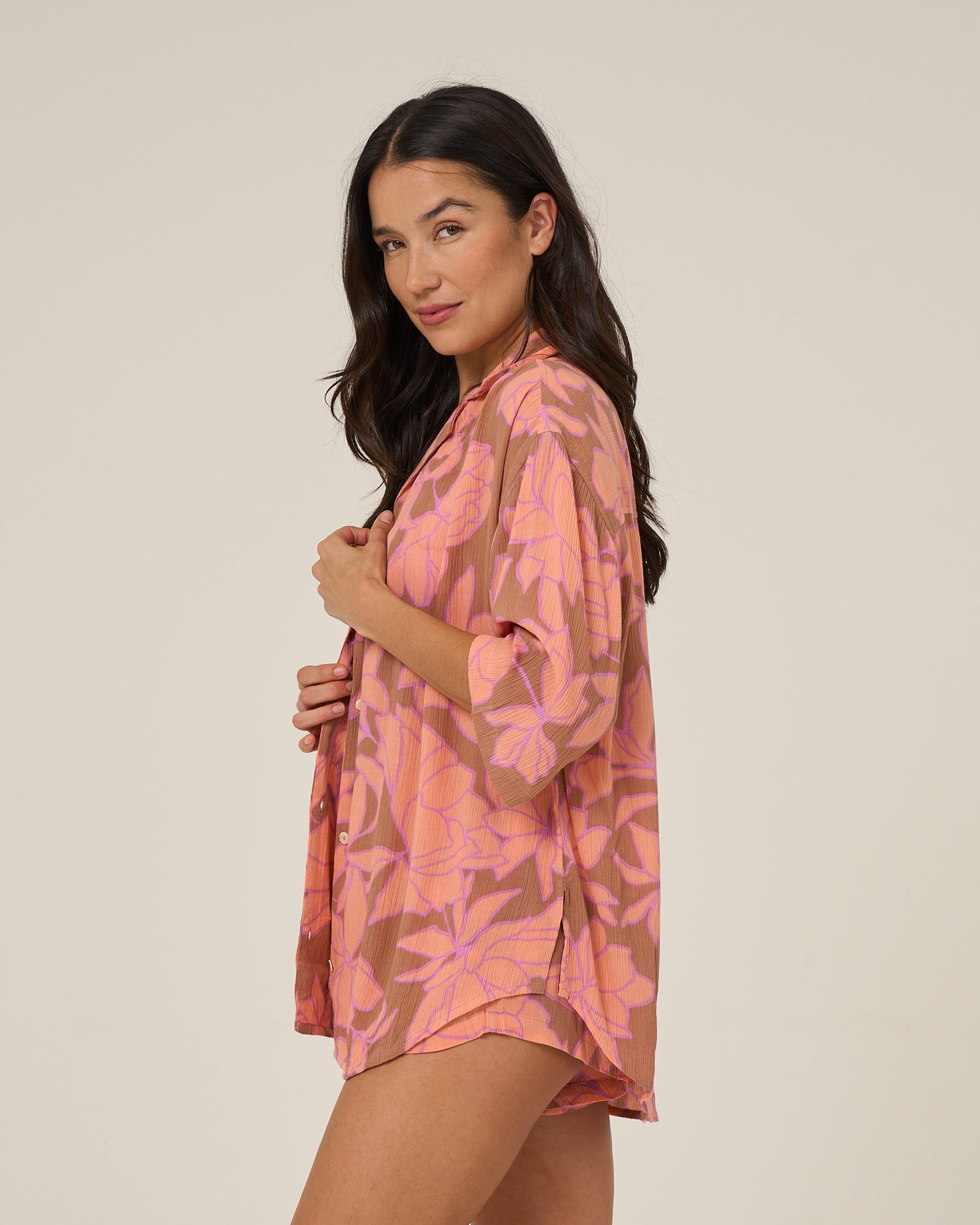 Profile side of the Rose Parade Tunic - Mocha. 