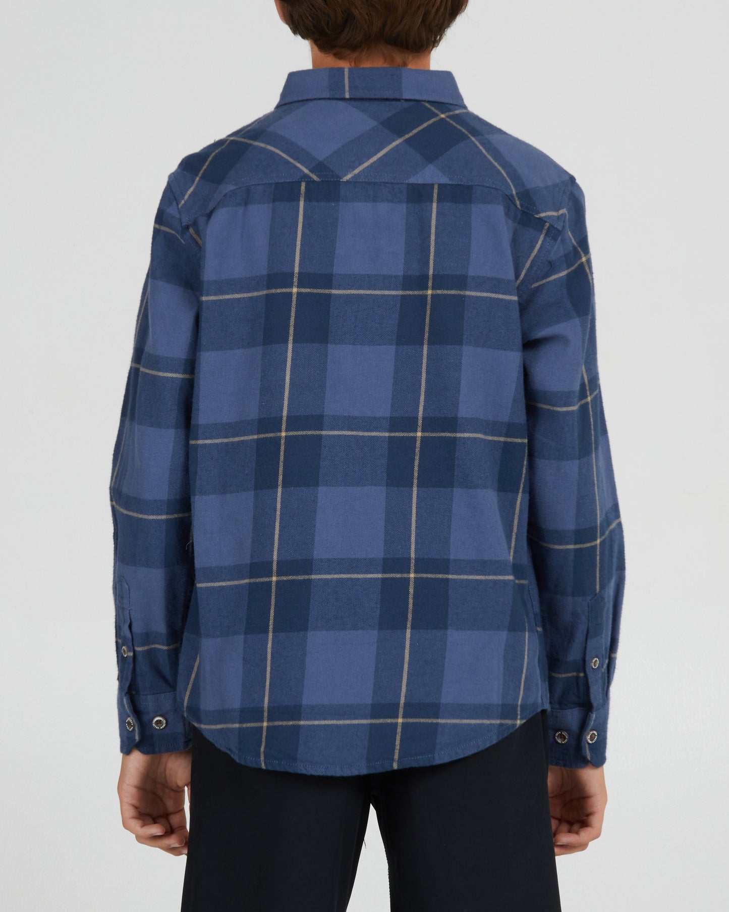 On body back of the First Light Boys Navy Blue L/S Flannel