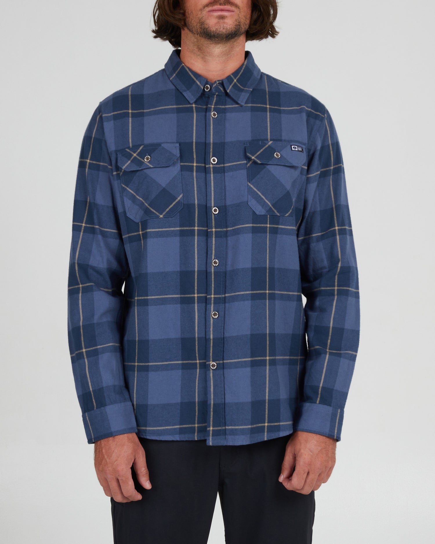 On body front of the First Light Navy Blue Flannel
