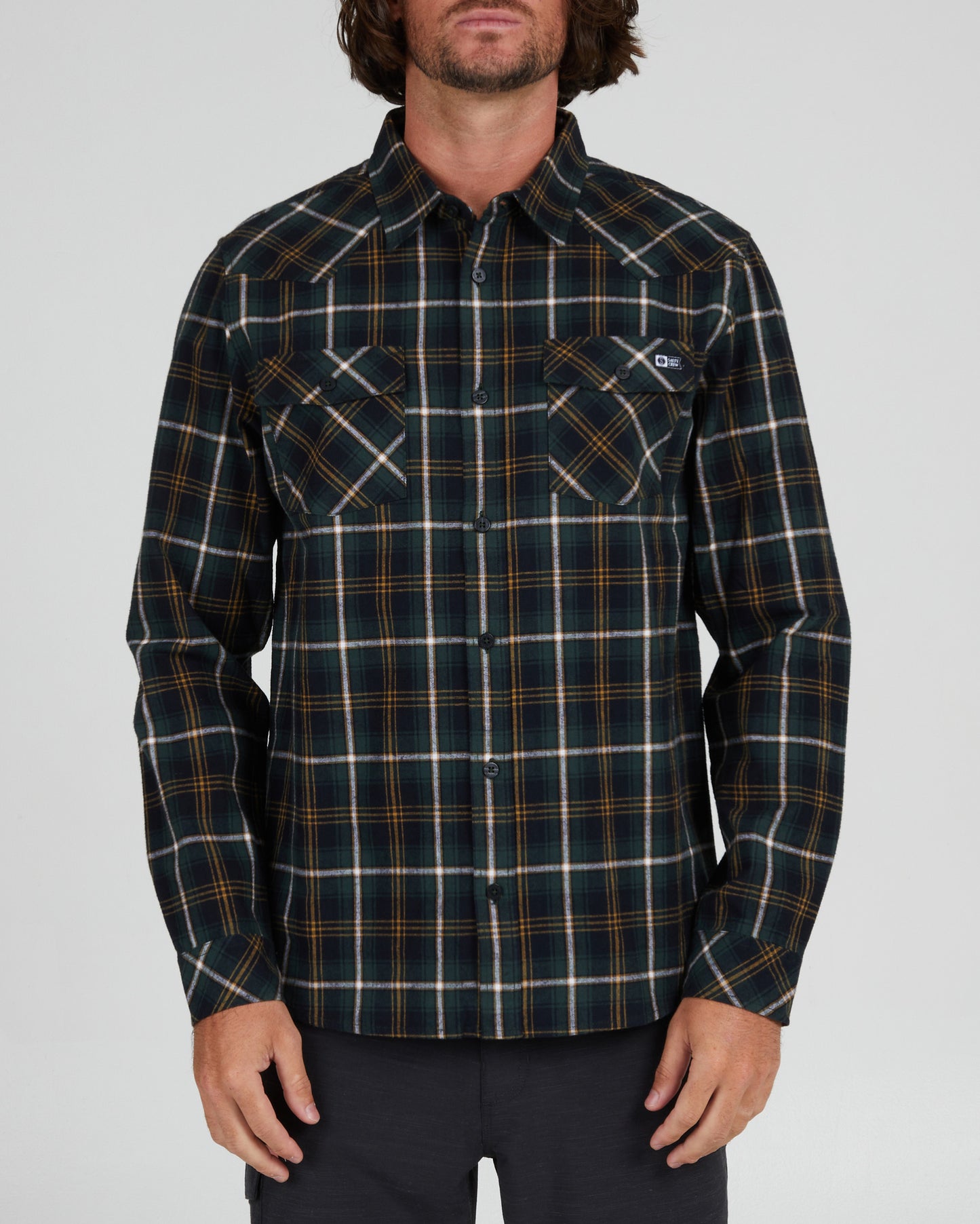 On body front of the Herdsman Black/Spruce Flannel