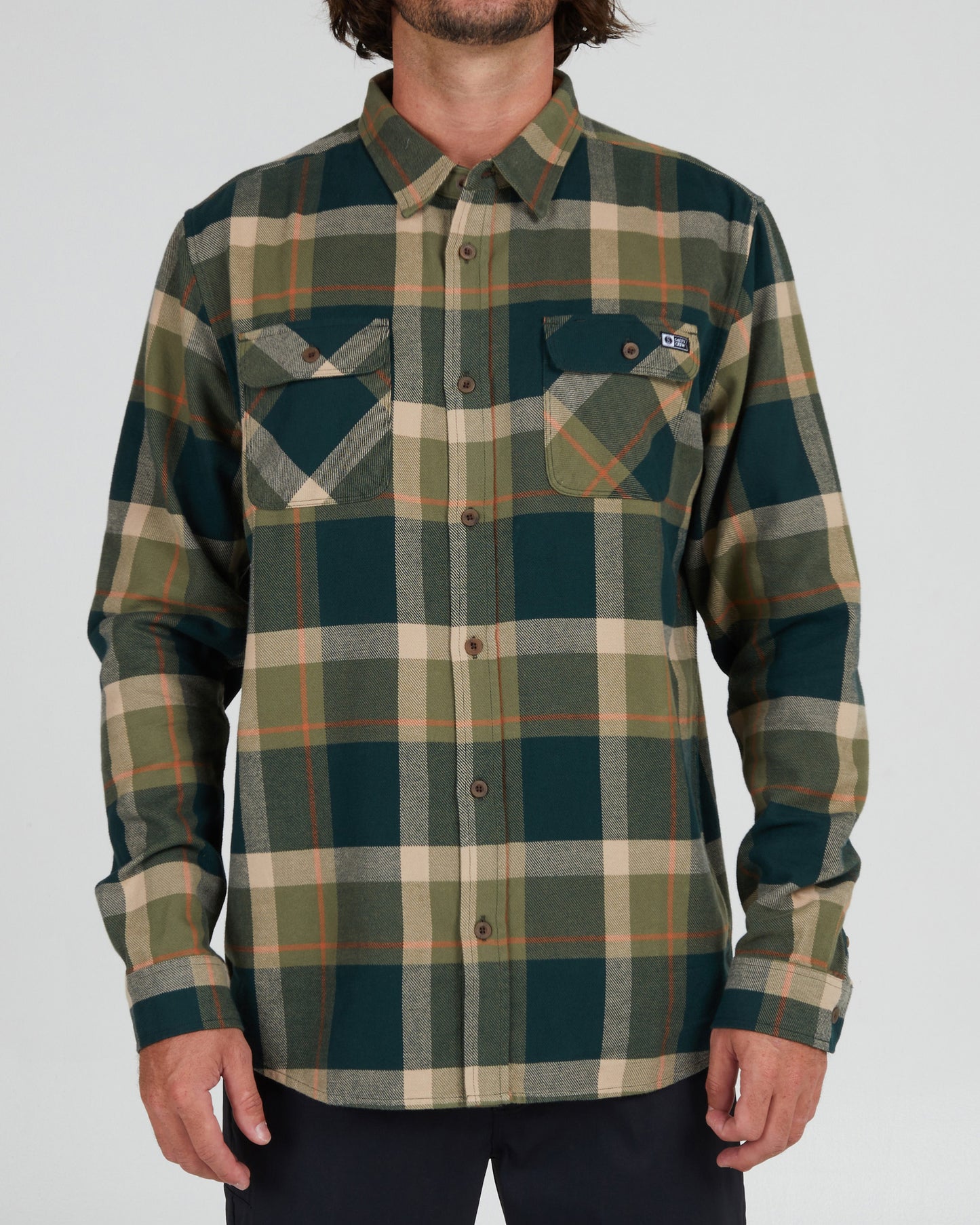 On body front of the Dawn Patrol Spruce Flannel