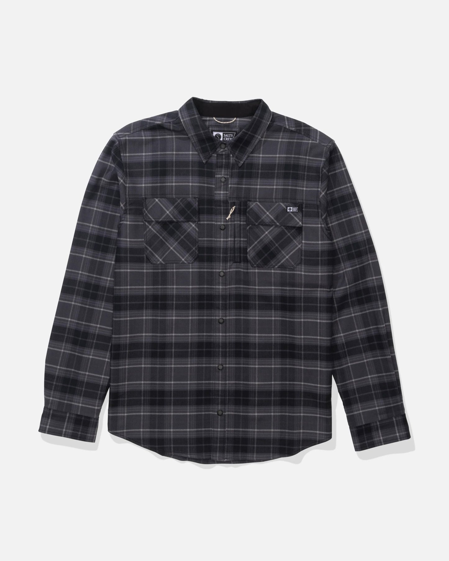 Front view of the Fathom Tech Flannel - Black Grey. 