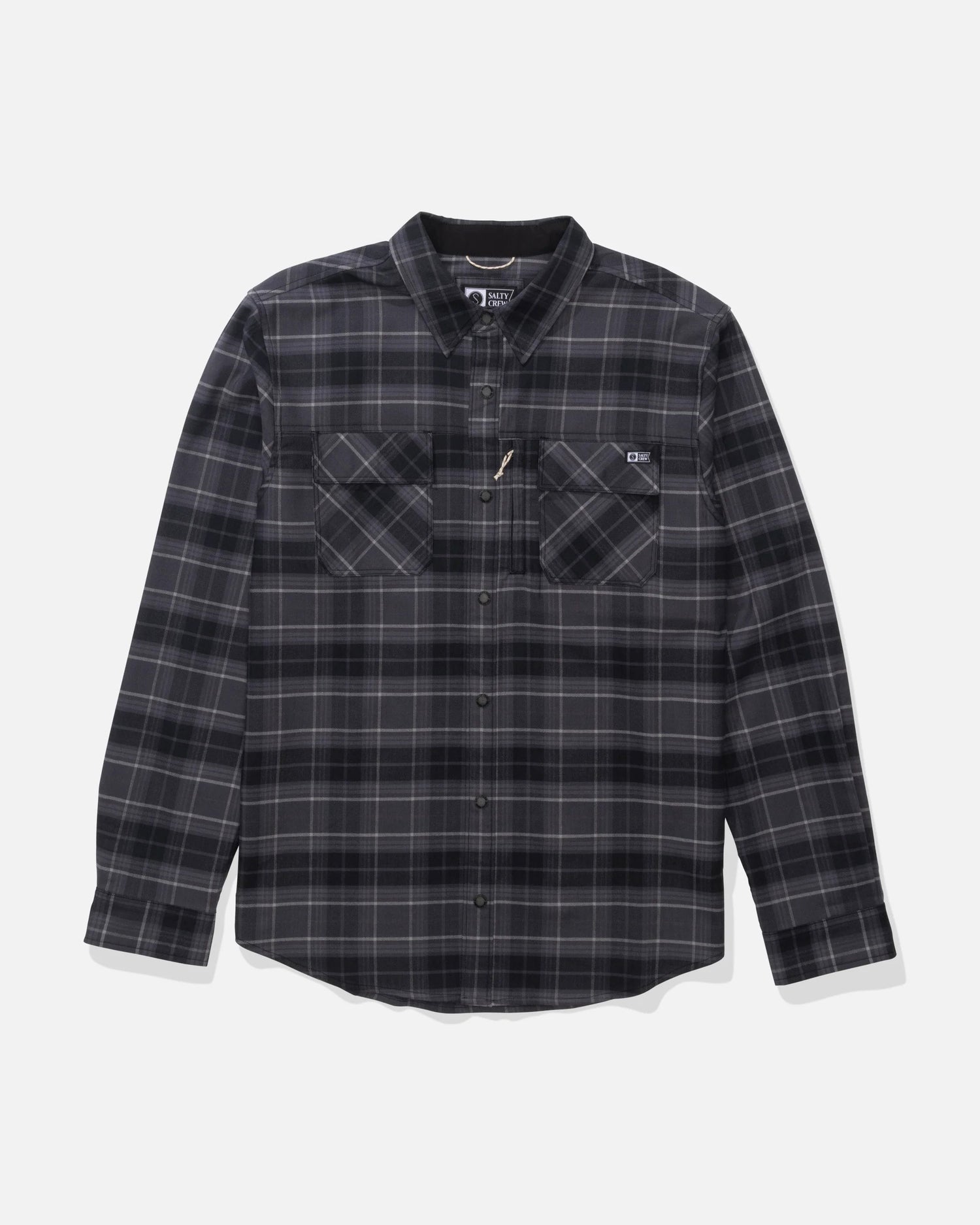 Front view of the Fathom Tech Flannel - Black Grey. 