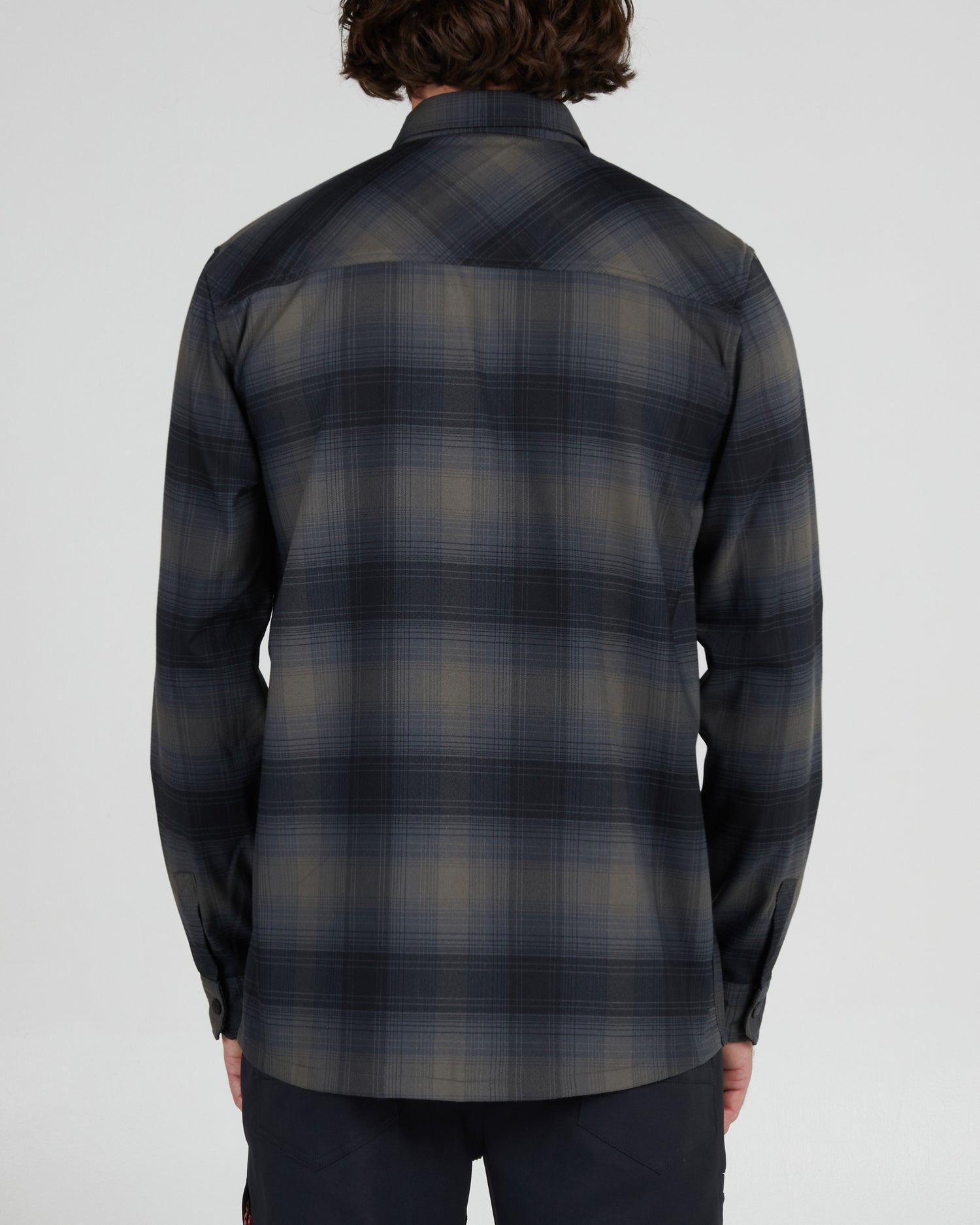On body back of the Fathom Black Tech Flannel
