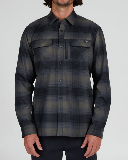 On body front of the Fathom Black Tech Flannel