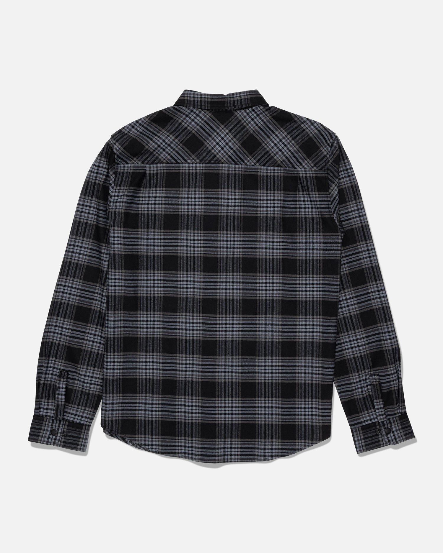 Salty Crew’s Fathom Tech Flannel - Dark Grey is a long-sleeve button-up shirt featuring a black and gray yarn-dyed plaid pattern, shown from the back against a white background.
