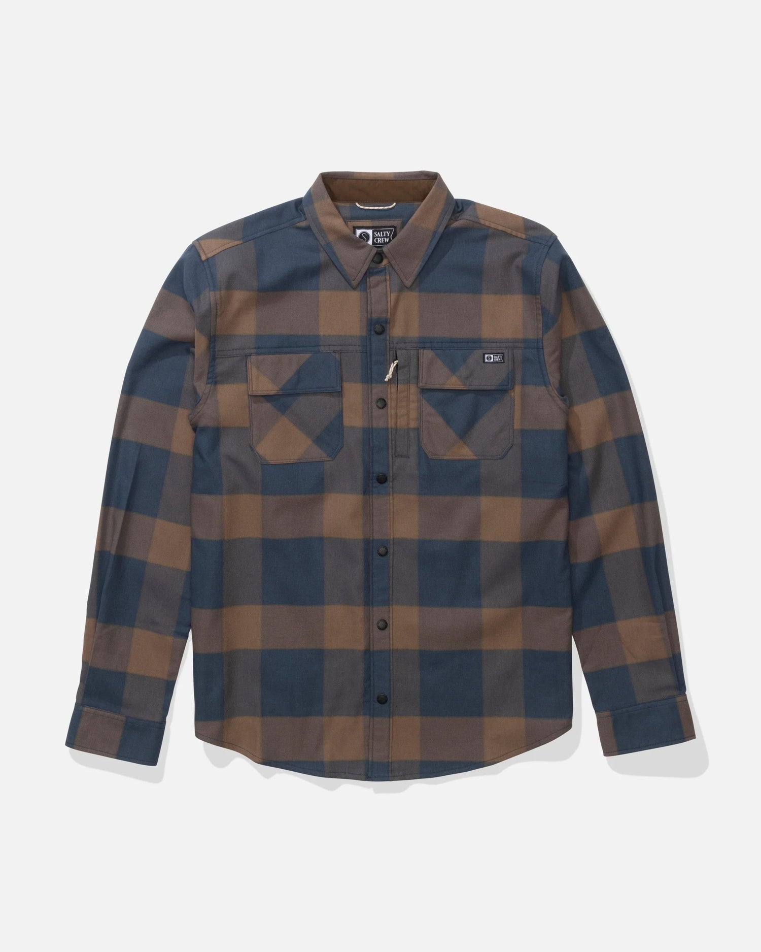 Front view of the Fathom Tech Flannel - Navy/Rust. 
