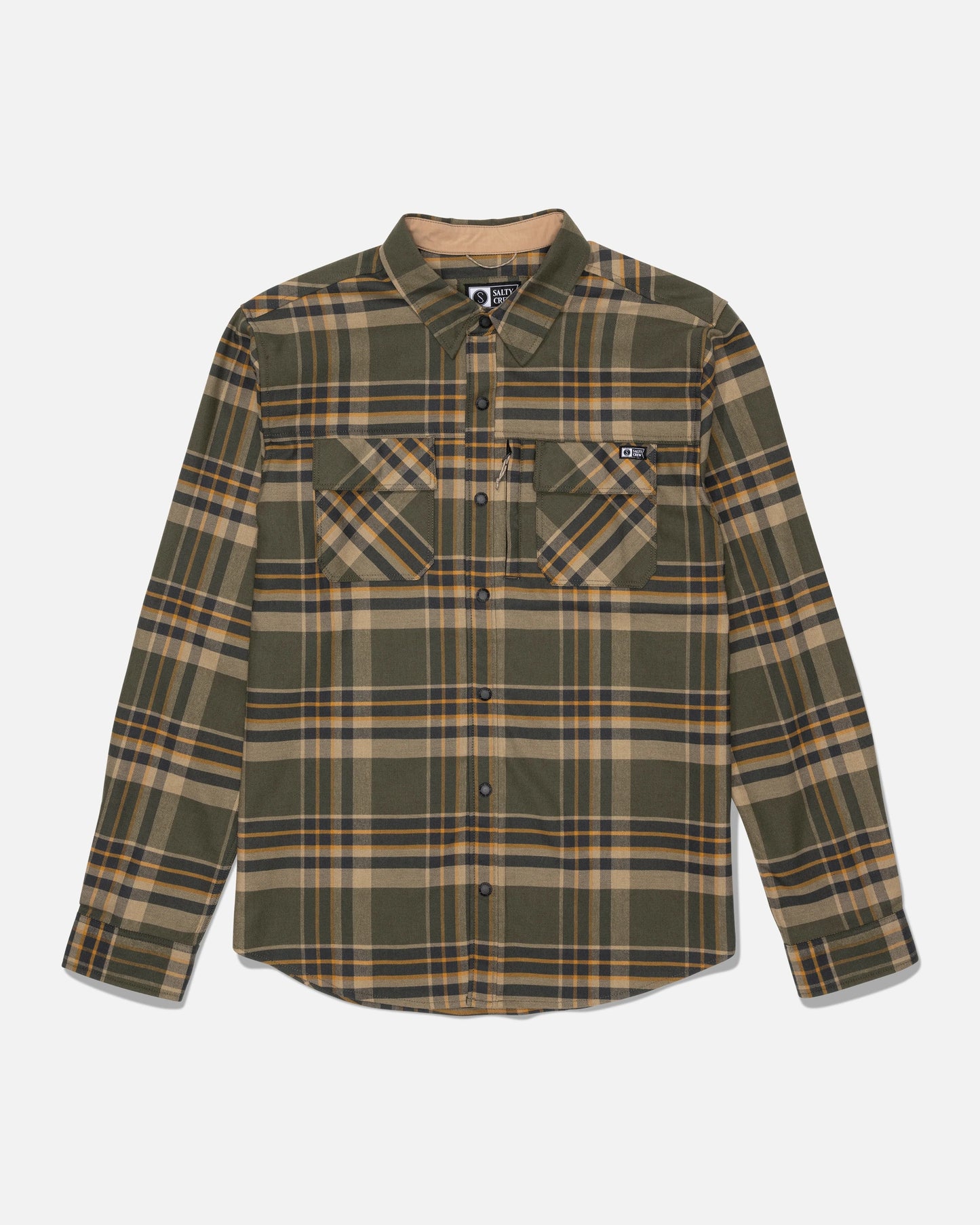 Salty Crew Fathom Tech Flannel in Washed Leaf—a yarn-dyed plaid button-up shirt in olive green and tan, featuring long sleeves, dual chest pockets, and a collar, laid flat on a white background.