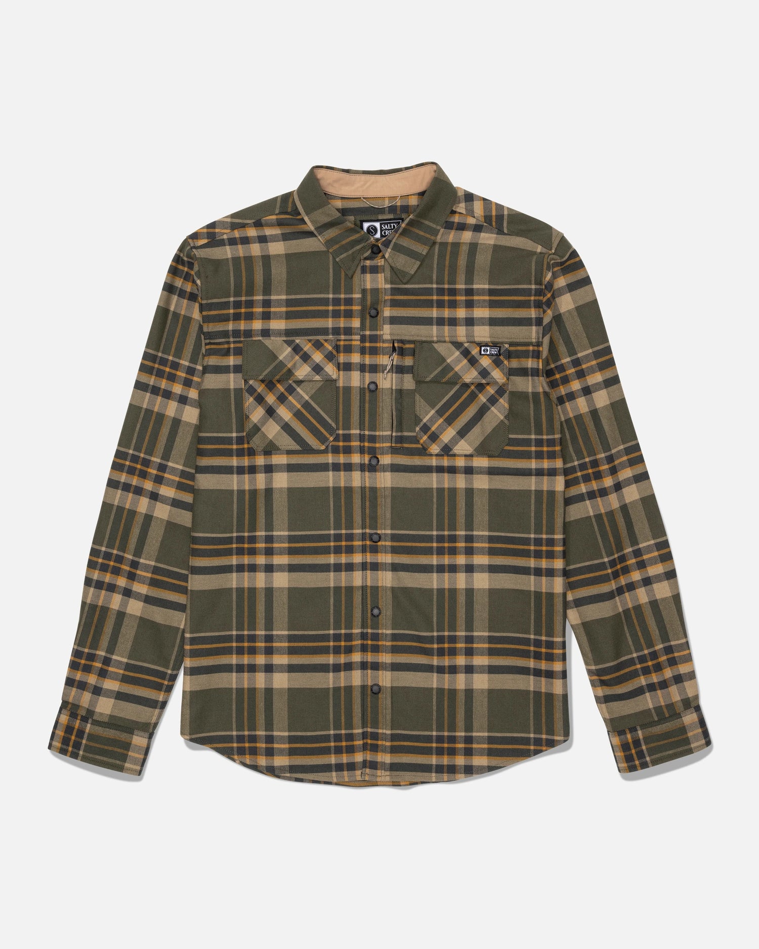 Salty Crew Fathom Tech Flannel in Washed Leaf—a yarn-dyed plaid button-up shirt in olive green and tan, featuring long sleeves, dual chest pockets, and a collar, laid flat on a white background.