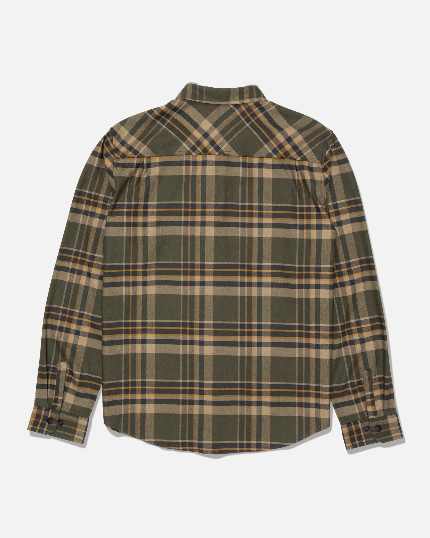 A rear view of the Salty Crew Fathom Tech Flannel - Washed Leaf shows a long-sleeve, yarn-dyed plaid shirt in green, tan, and navy blue checks with buttoned cuffs and a curved hem.