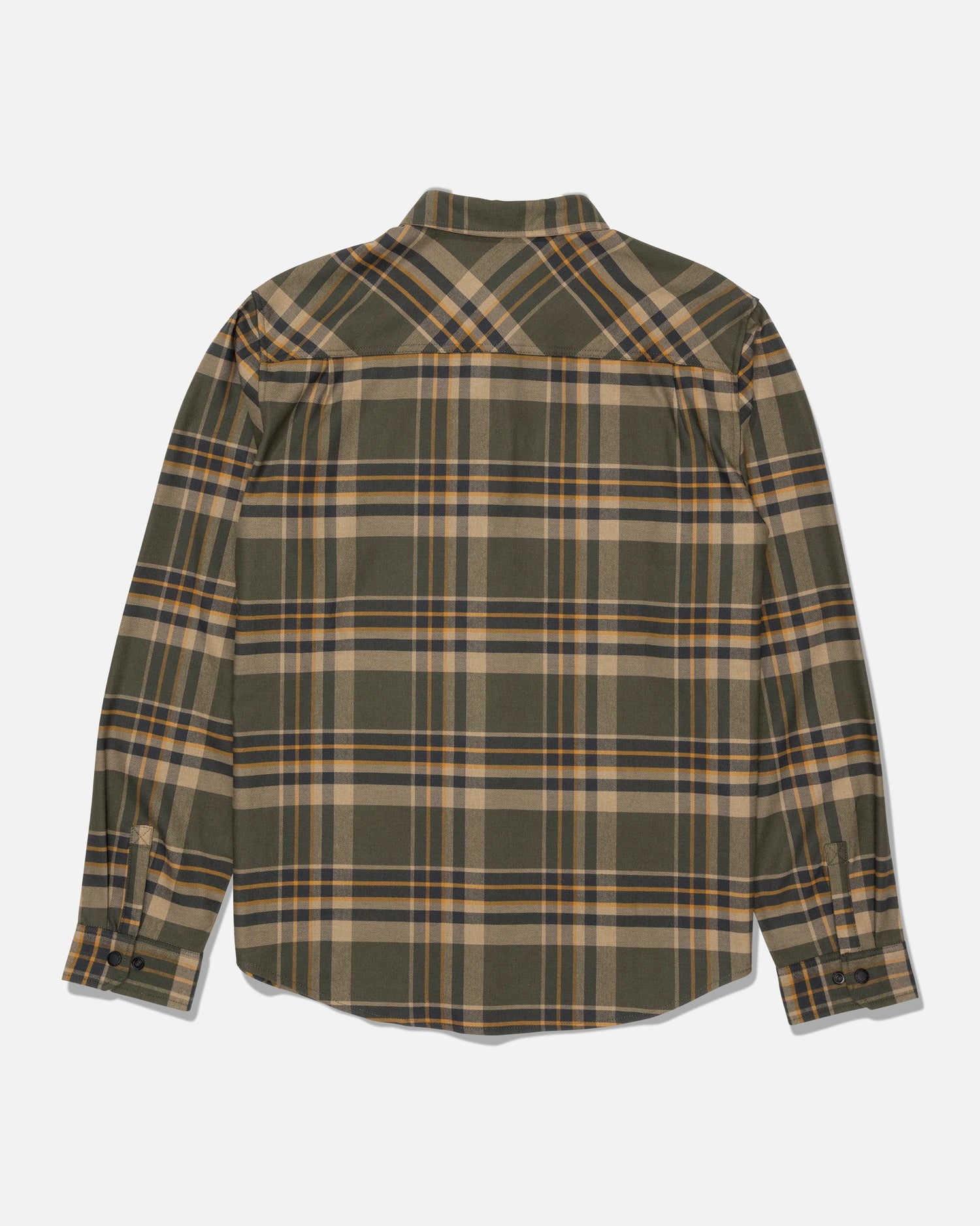 A rear view of the Salty Crew Fathom Tech Flannel - Washed Leaf shows a long-sleeve, yarn-dyed plaid shirt in green, tan, and navy blue checks with buttoned cuffs and a curved hem.