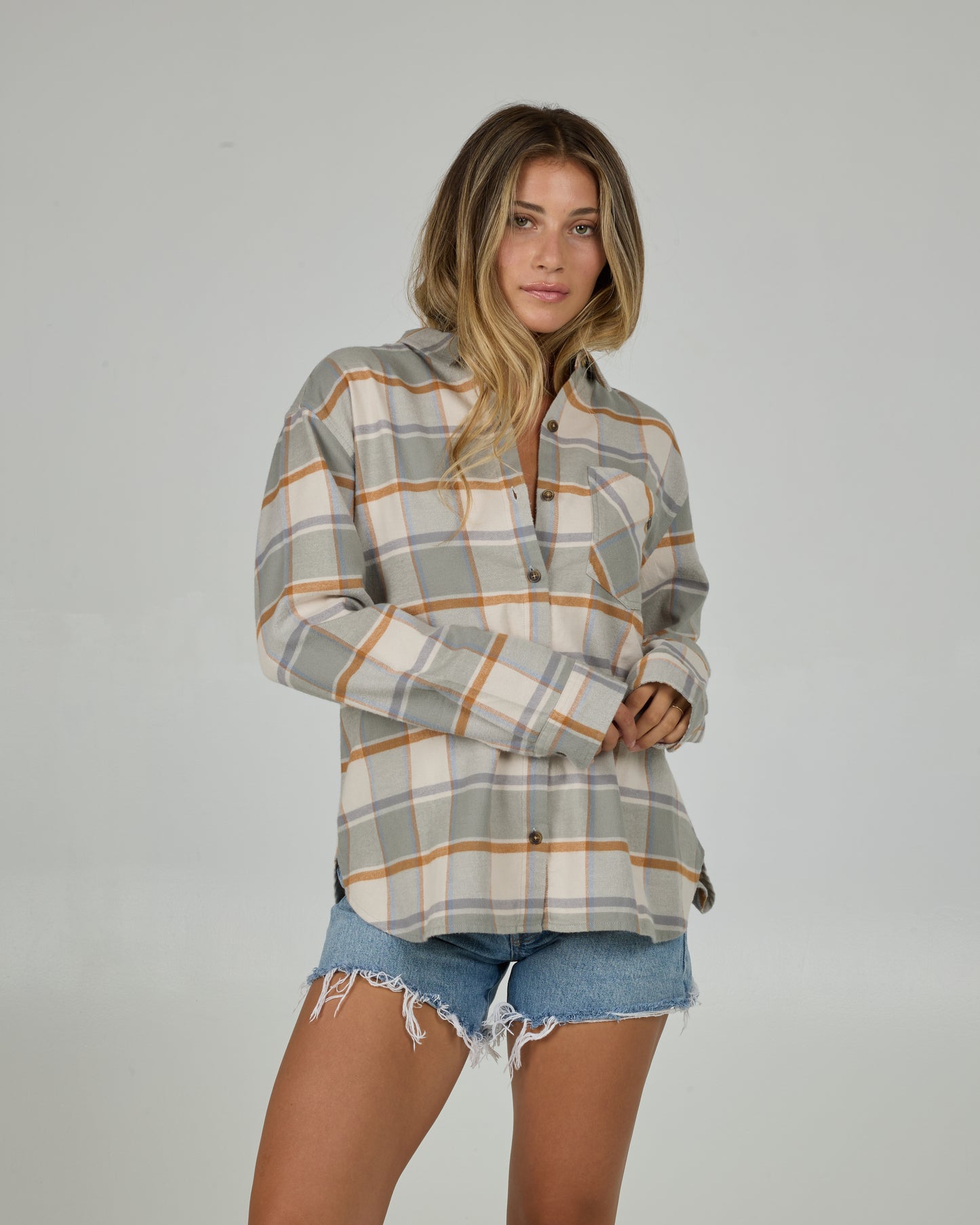 Front view of the Shore Break Flannel - Clay Grey. 