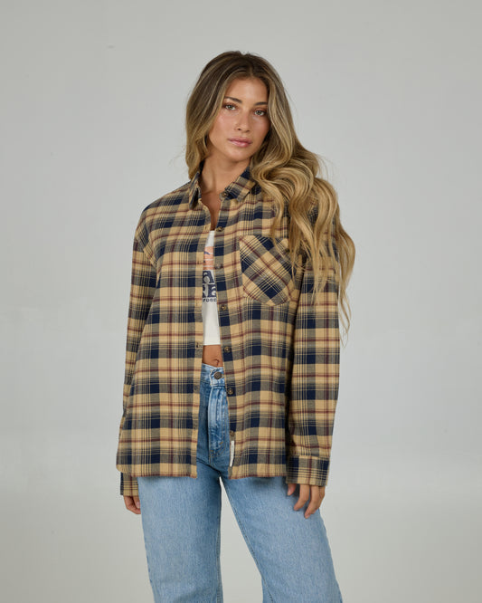 Front view of the Shore Break Flannel - Khaki. 