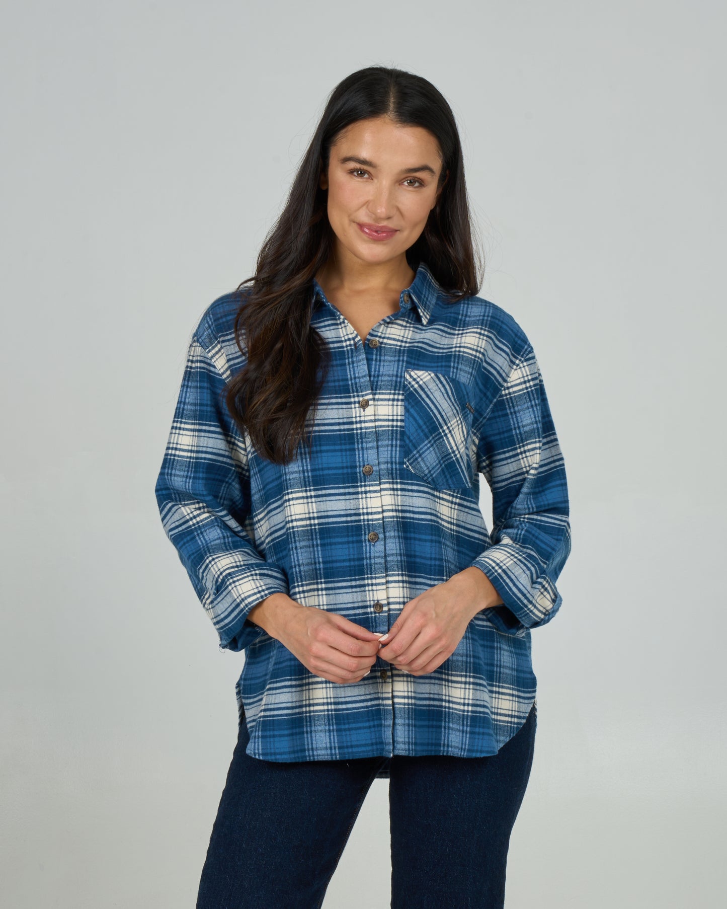 Front view of the Shore Break Flannel - Midnight Navy. 