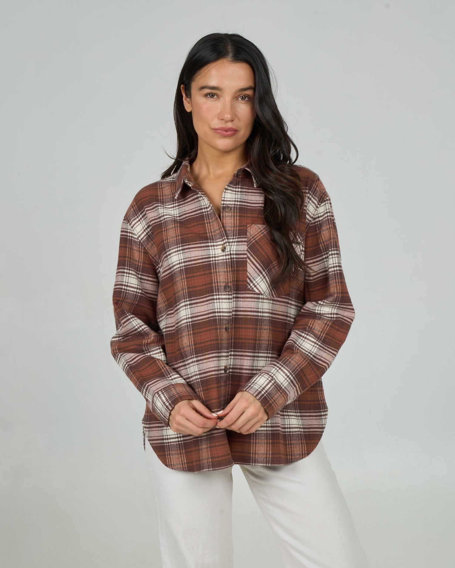 Front view of the Shore Break Flannel - Rustic Red. 