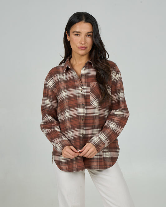 Front view of the Shore Break Flannel - Rustic Red. 