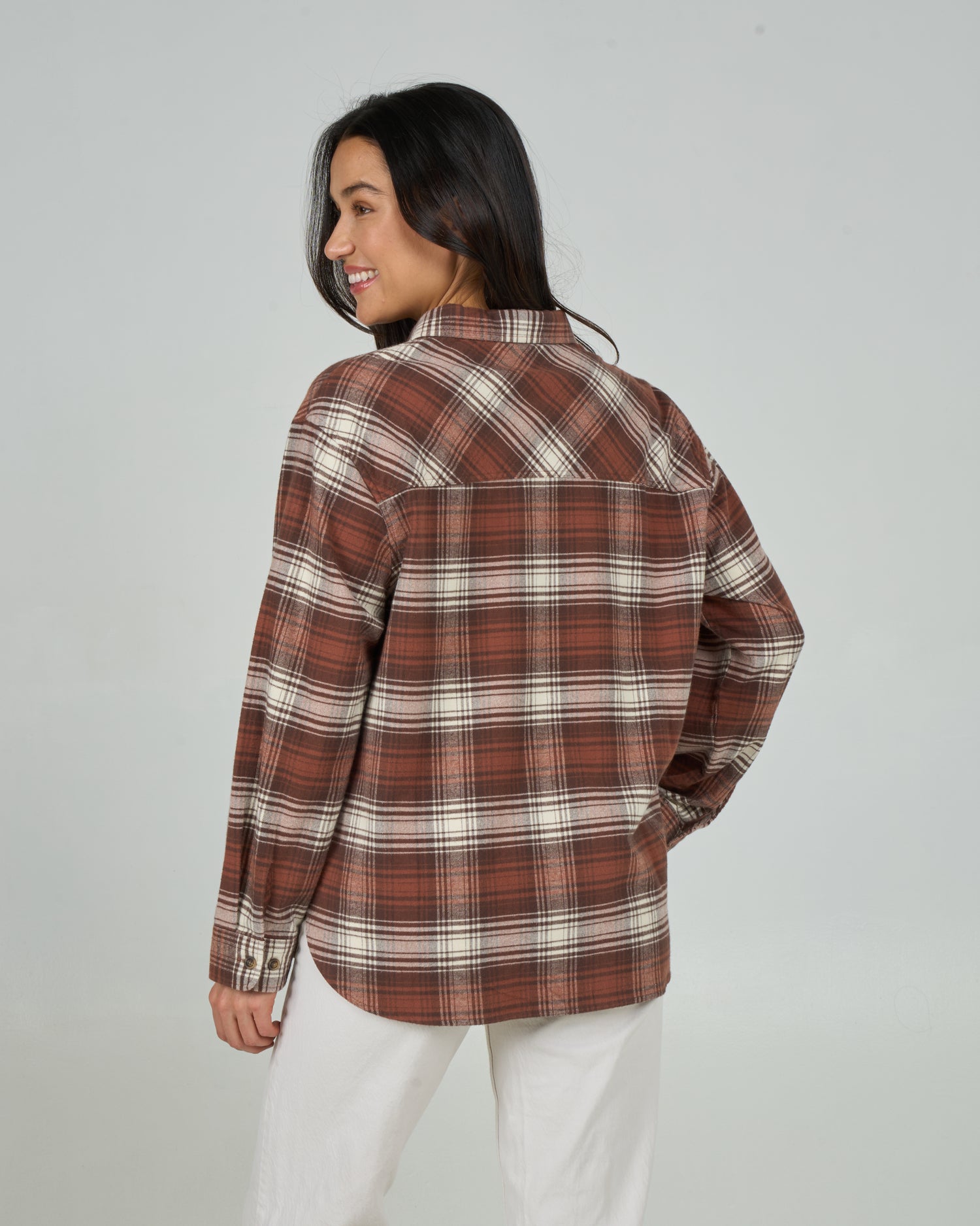 Back view of the Shore Break Flannel - Rustic Red. 