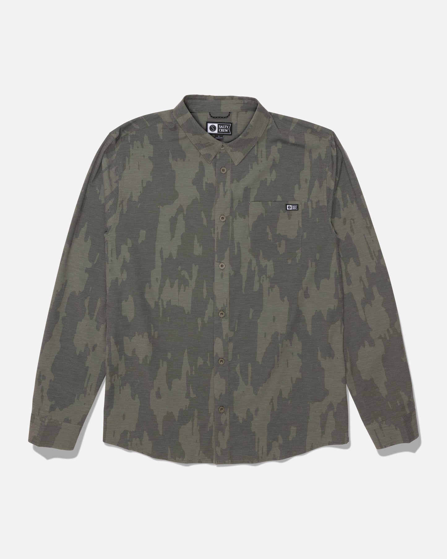 The Salty Crew Drifter Long Sleeve UV Button Up - Ranger is a green and brown camo button-up shirt, shown laid flat on a white background. It features a chest pocket with a small black label, and is crafted from quick dry fabric for all-day comfort. With UPF 50+ sun protection, this shirt is ideal for outdoor adventures.