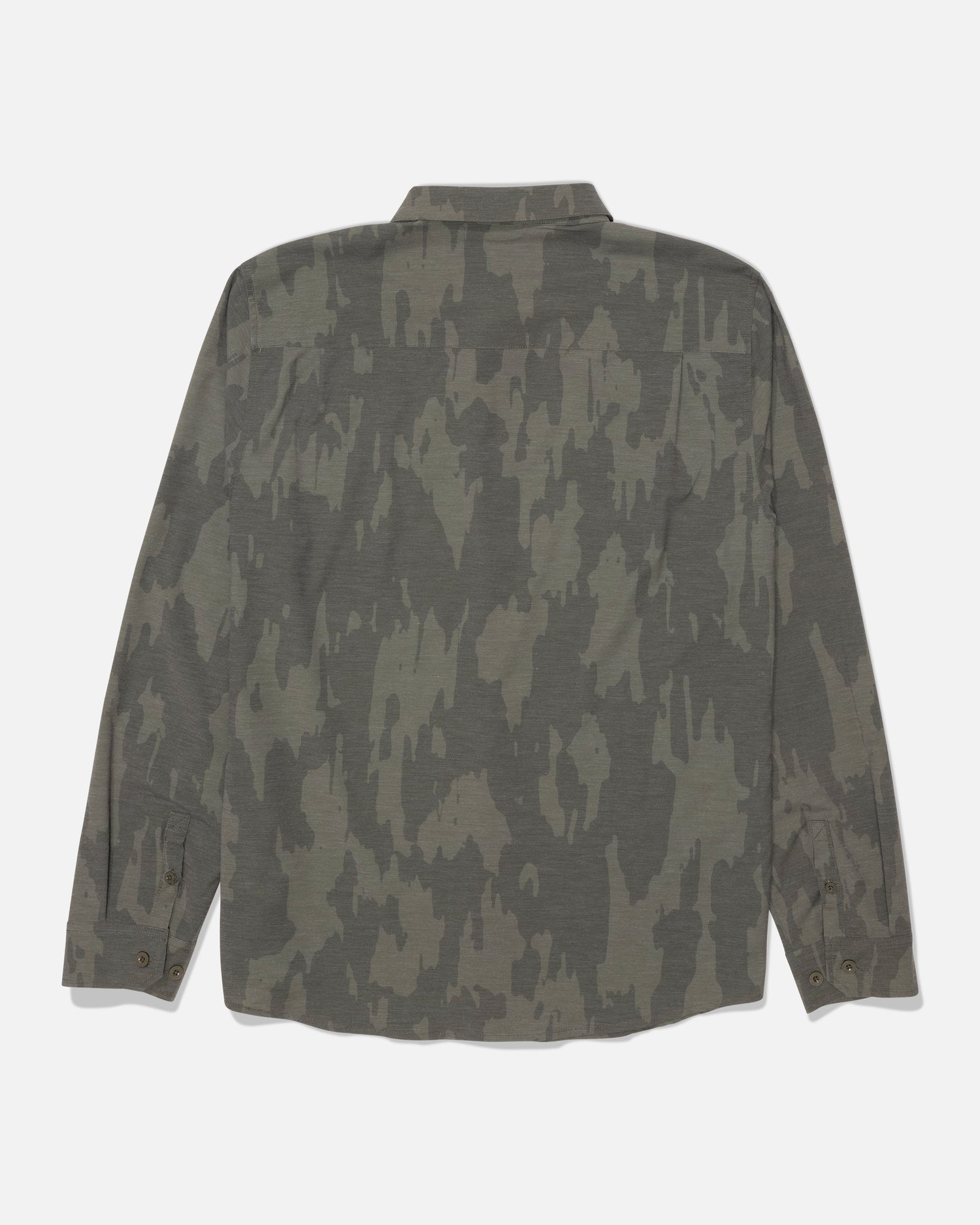 The Salty Crew Drifter Long Sleeve UV Button Up - Ranger is shown from the back against a white background, featuring a green and brown camouflage pattern, button-up front, and UPF 50+ sun protection for comfortable wear outdoors.