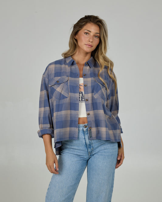 Front view of the Nomad Flannel  - Dusty Blue. 