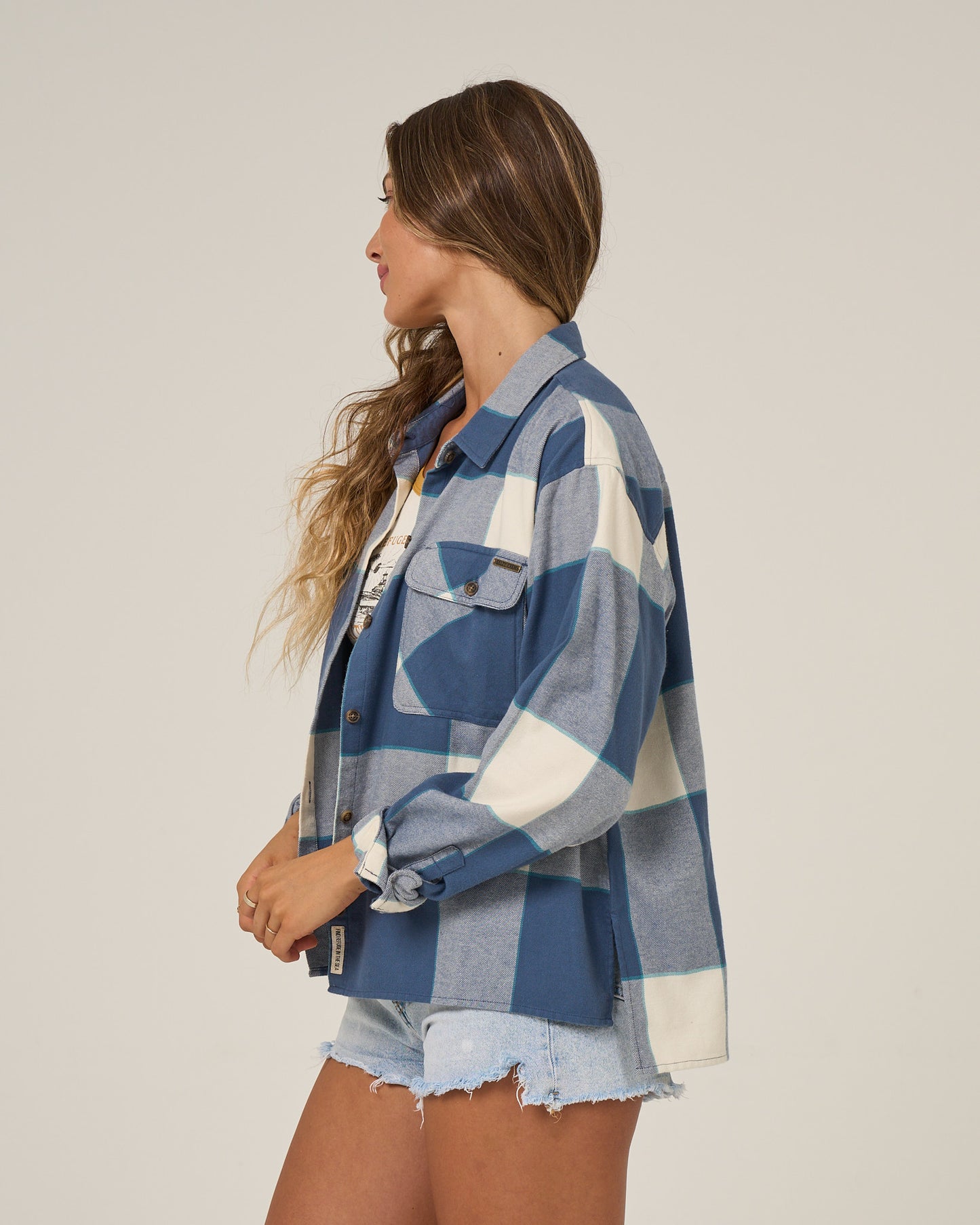 Profile view of the Nomad Flannel - Vintage Indigo. 