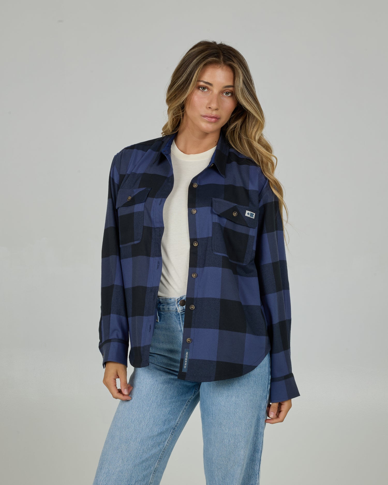 Front view of the Fathom Flannel - Indigo. 