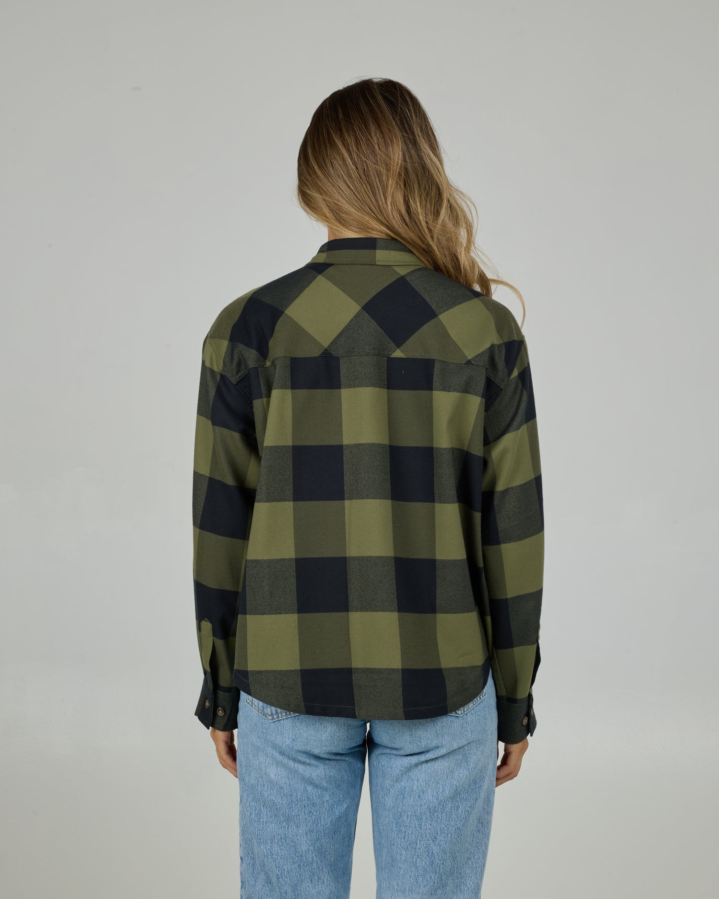 Back view of the Fathom Flannel - Olive. 