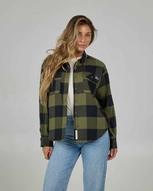 Front view of the Fathom Flannel - Olive. 