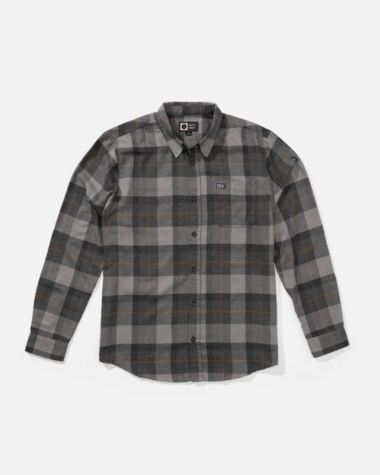 Front view of the Early Bird Flannel - Charcoal. 