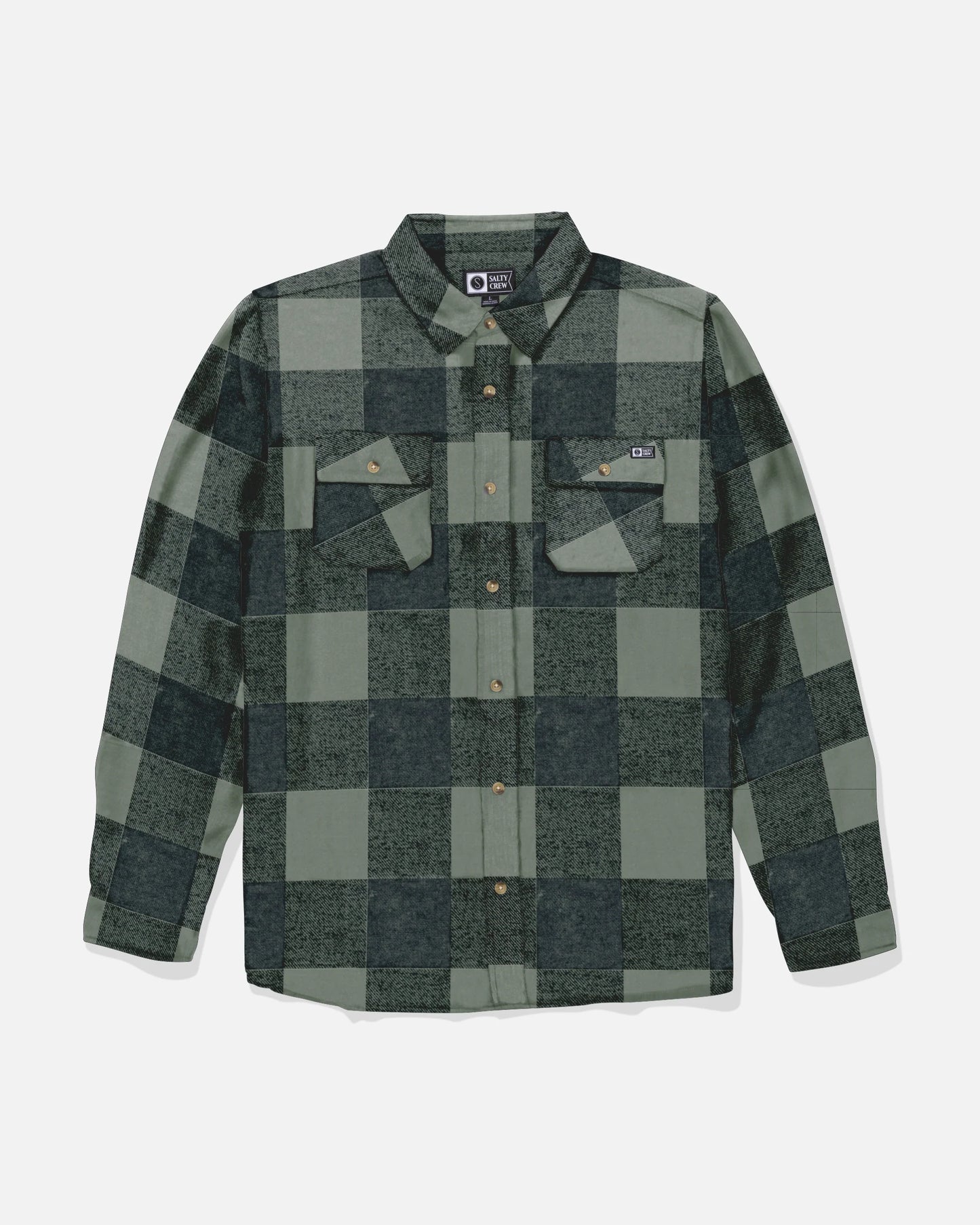 Salty Crew’s Daybreak Flannel in Green/Black features a yarn-dyed plaid design with long sleeves, a front collar, and two chest pockets. Crafted from soft cotton polyester twill, this button-up shirt is shown laid flat on a white background.