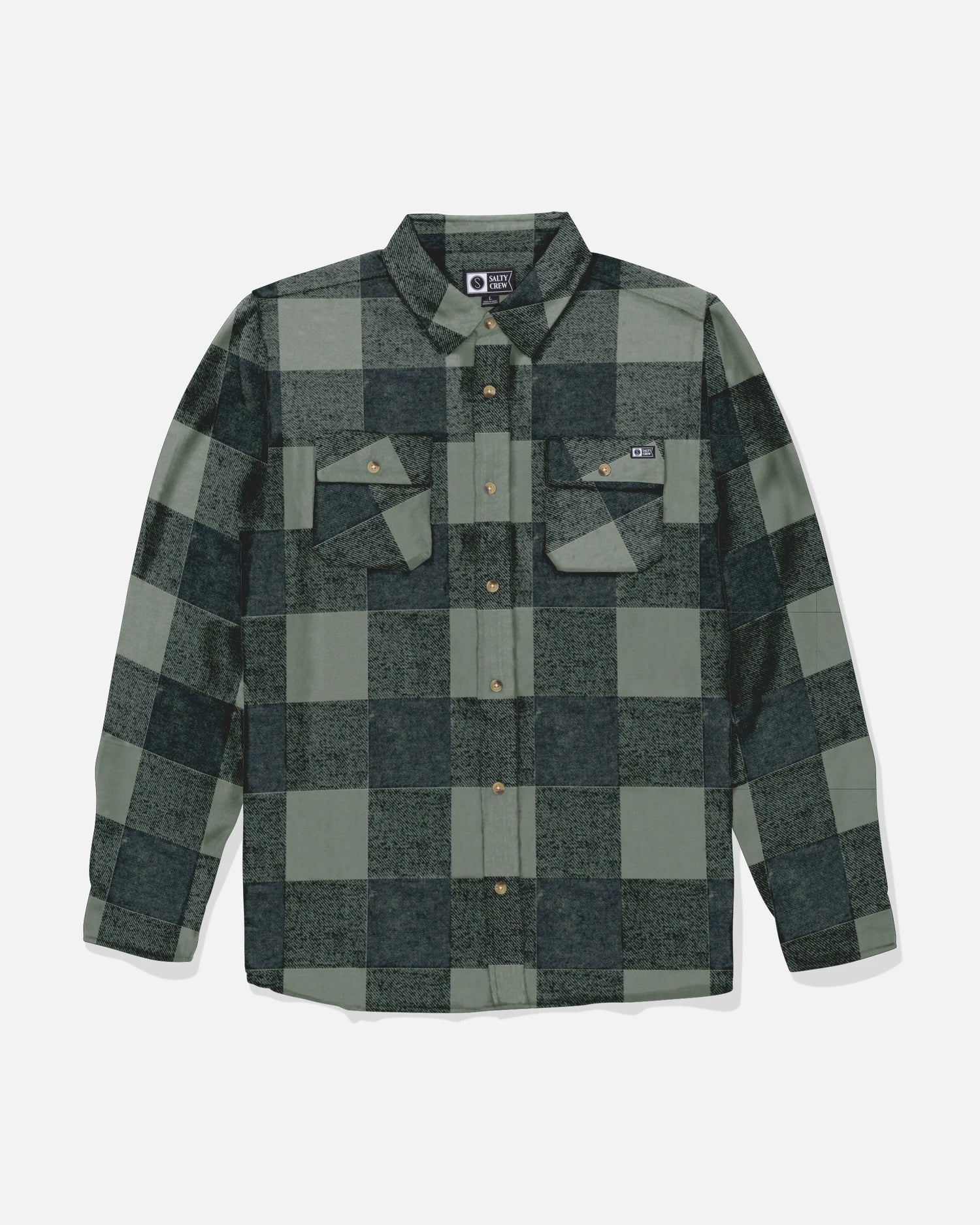 Salty Crew’s Daybreak Flannel in Green/Black features a yarn-dyed plaid design with long sleeves, a front collar, and two chest pockets. Crafted from soft cotton polyester twill, this button-up shirt is shown laid flat on a white background.