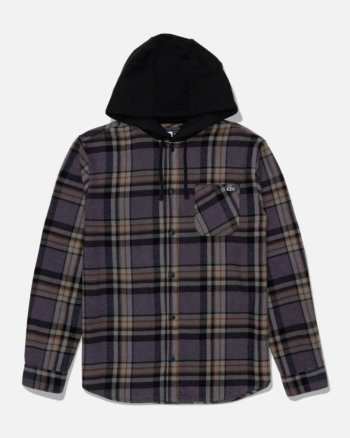 Introducing the Salty Crew Whitewash Hooded Flannel in Dark Grey—a long-sleeve, button-up flannel shirt featuring a purple, black, and tan plaid pattern. This shirt offers a cozy fleece hood and includes a left chest pocket for convenience. Crafted from heavyweight cotton twill, it delivers extra warmth and long-lasting durability.