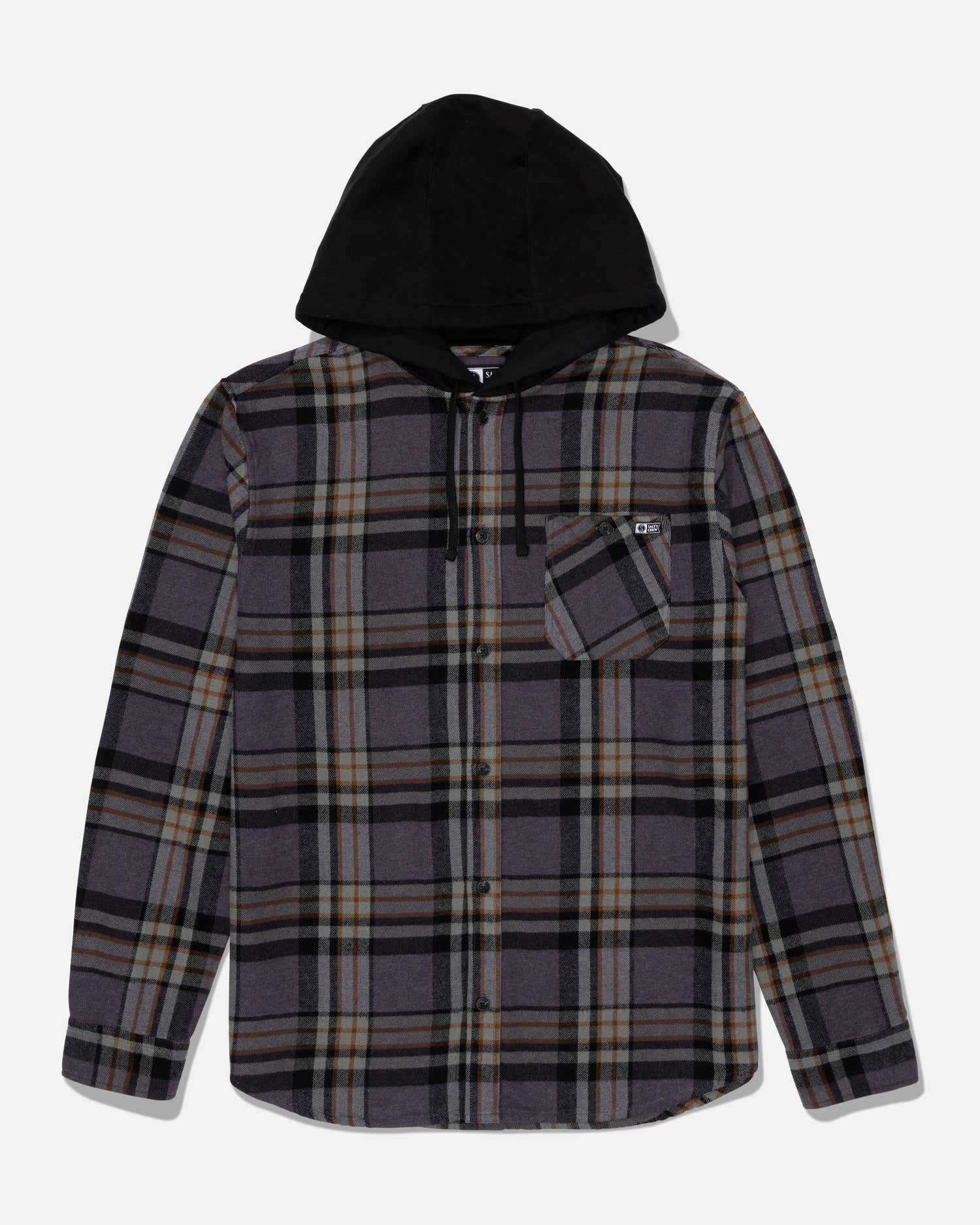 Introducing the Salty Crew Whitewash Hooded Flannel in Dark Grey—a long-sleeve, button-up flannel shirt featuring a purple, black, and tan plaid pattern. This shirt offers a cozy fleece hood and includes a left chest pocket for convenience. Crafted from heavyweight cotton twill, it delivers extra warmth and long-lasting durability.