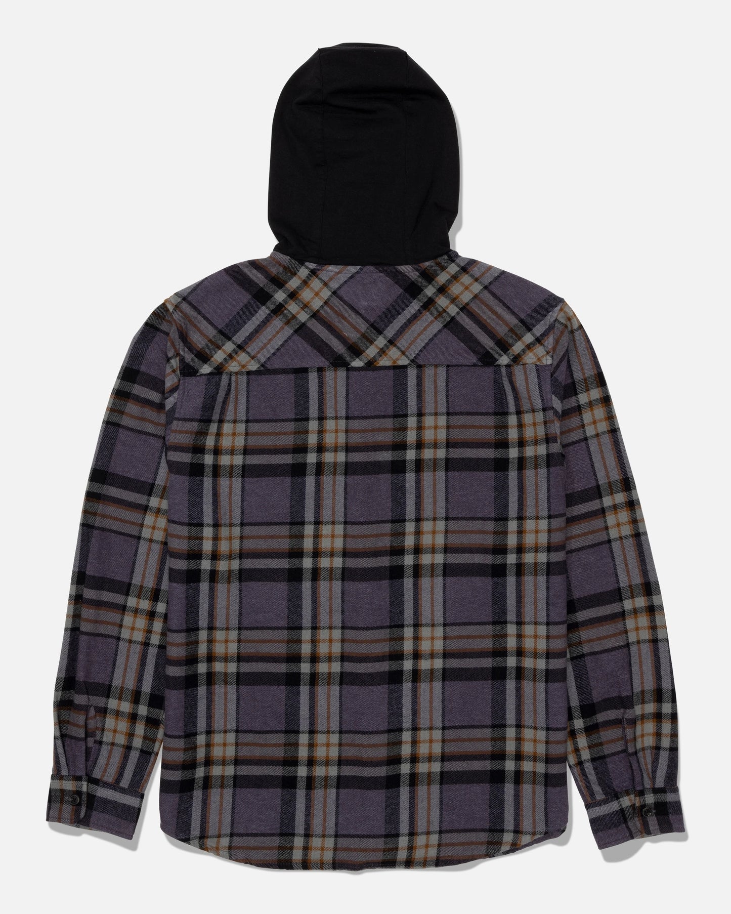 A long-sleeve, dark grey plaid Salty Crew Whitewash Hooded Flannel with a soft black fleece hood, crafted from heavyweight cotton twill and shown from the back.