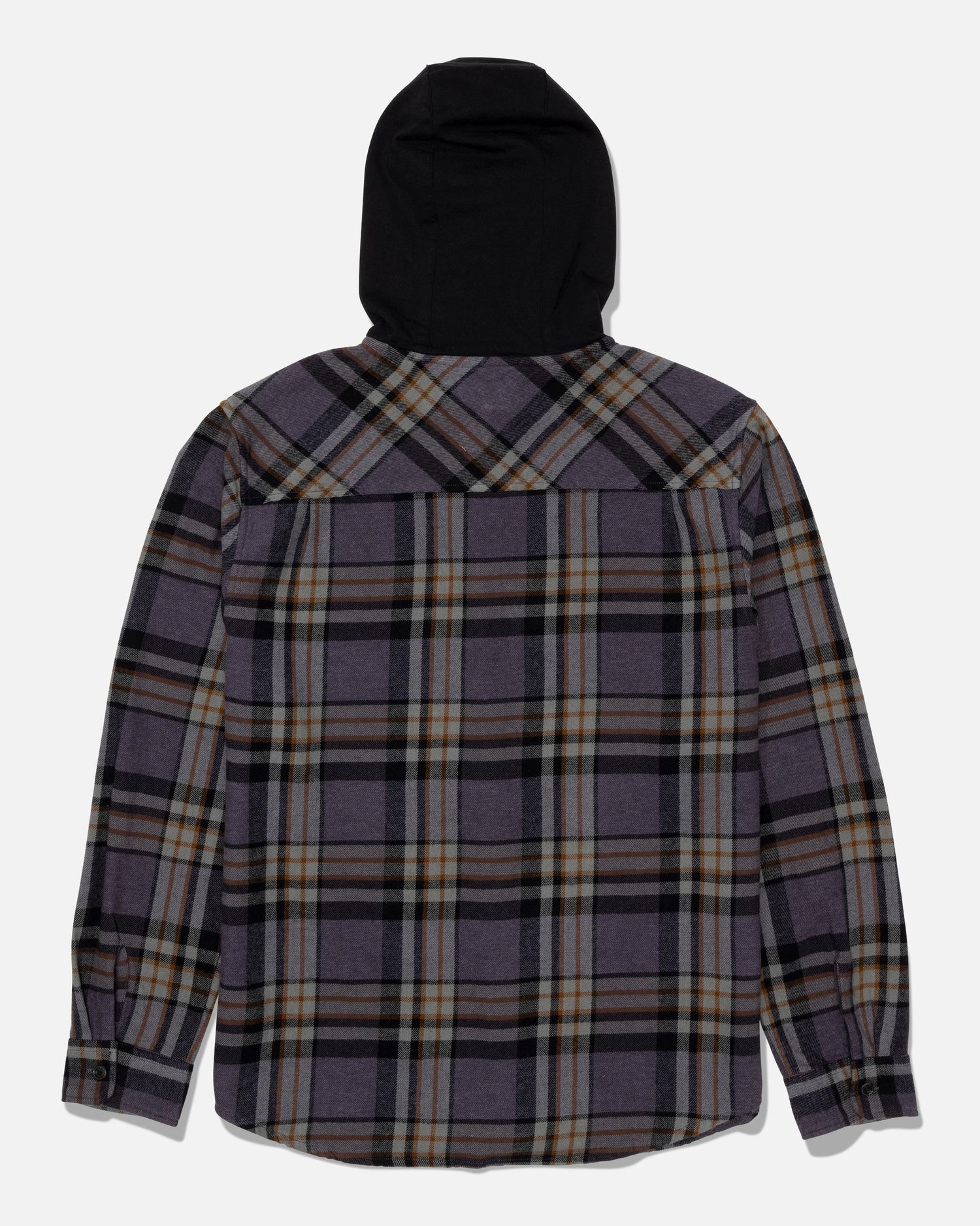 A long-sleeve, dark grey plaid Salty Crew Whitewash Hooded Flannel with a soft black fleece hood, crafted from heavyweight cotton twill and shown from the back.