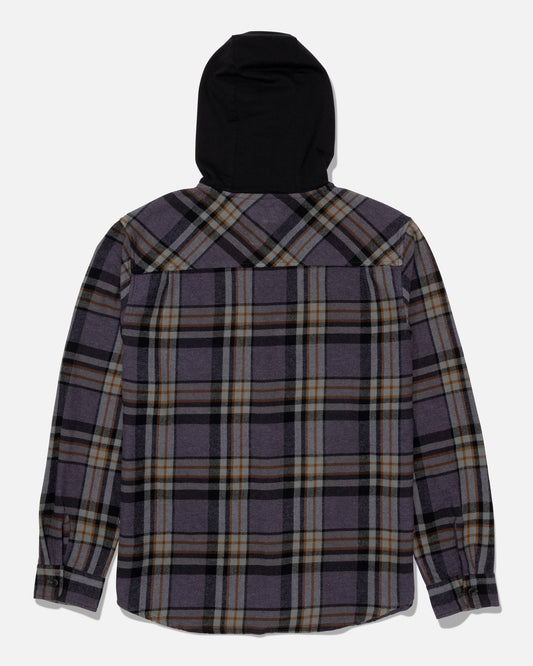 A long-sleeve, dark grey plaid Salty Crew Whitewash Hooded Flannel with a soft black fleece hood, crafted from heavyweight cotton twill and shown from the back.