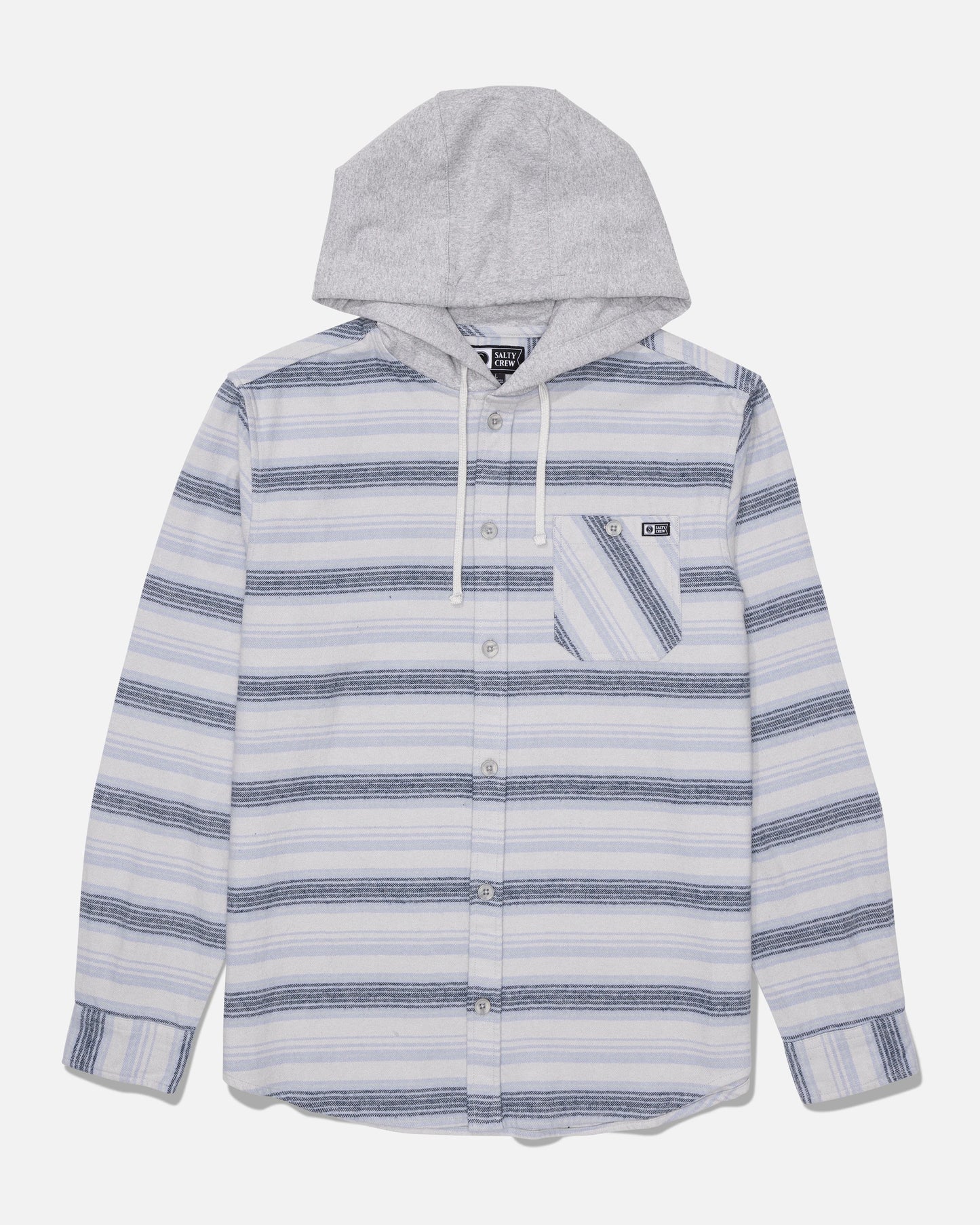 The Salty Crew Whitewash Hooded Flannel in Harbor Grey features long sleeves, a button-up front, blue and white horizontal stripes, a chest pocket, and a light gray fleece hood with drawstrings.