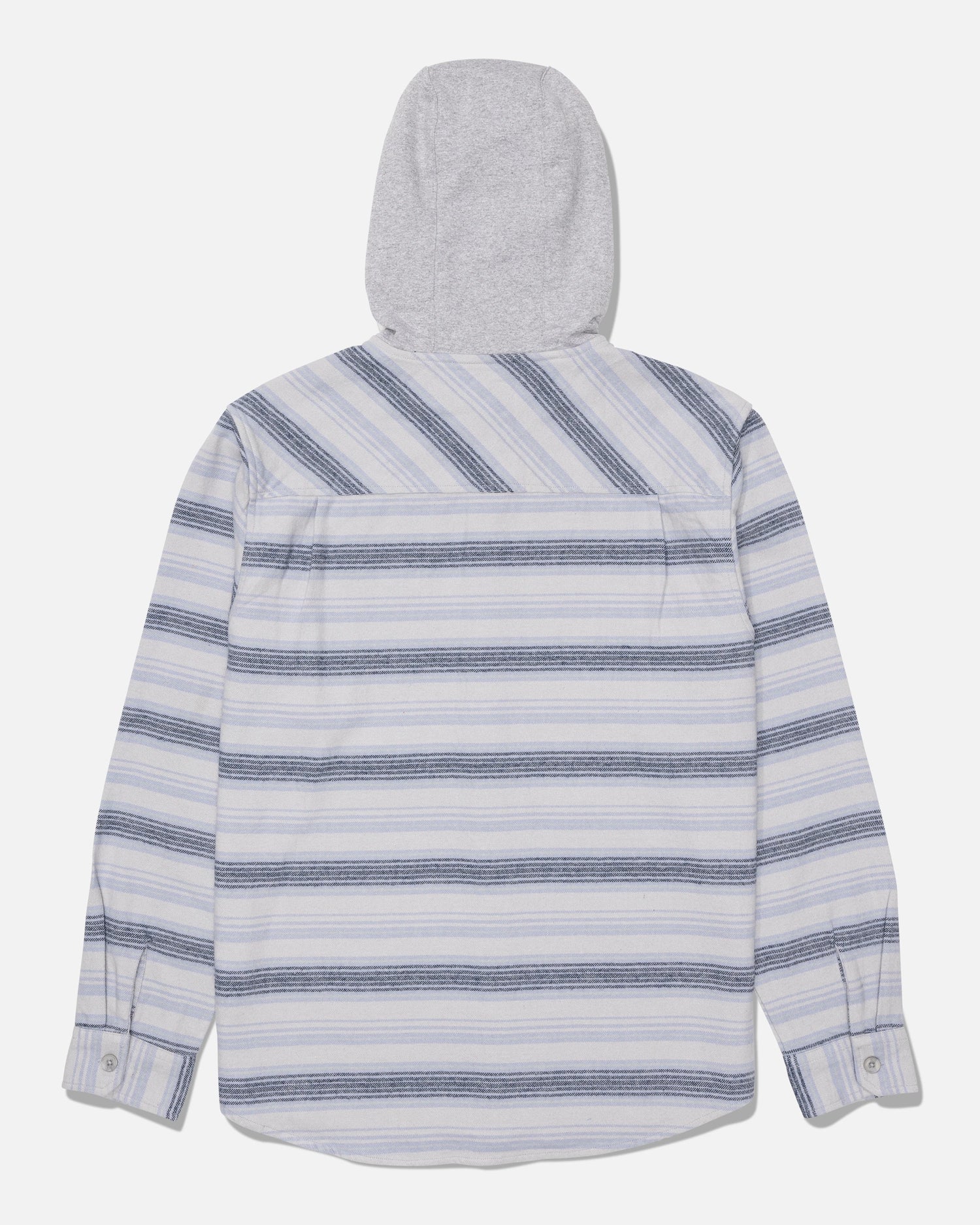 The Salty Crew Whitewash Hooded Flannel in Harbor Grey is a cozy cotton heavyweight twill shirt, featuring long sleeves, a button-up design, blue, white, and light gray horizontal stripes, and a light gray fleece hood—shown here from the back.