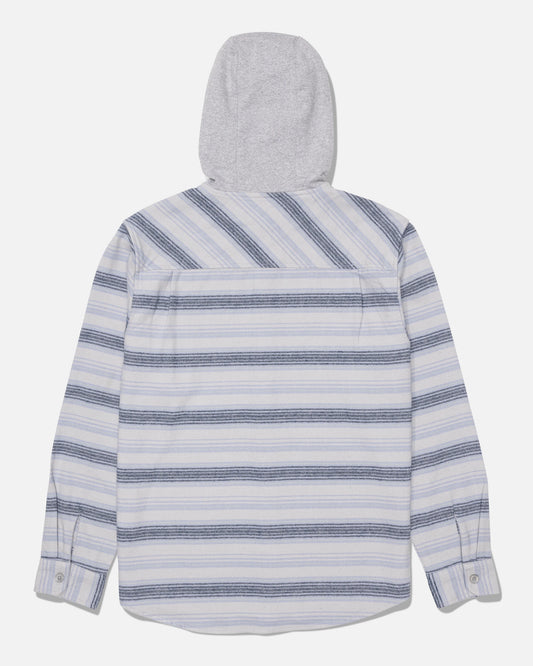 The Salty Crew Whitewash Hooded Flannel in Harbor Grey is a cozy cotton heavyweight twill shirt, featuring long sleeves, a button-up design, blue, white, and light gray horizontal stripes, and a light gray fleece hood—shown here from the back.