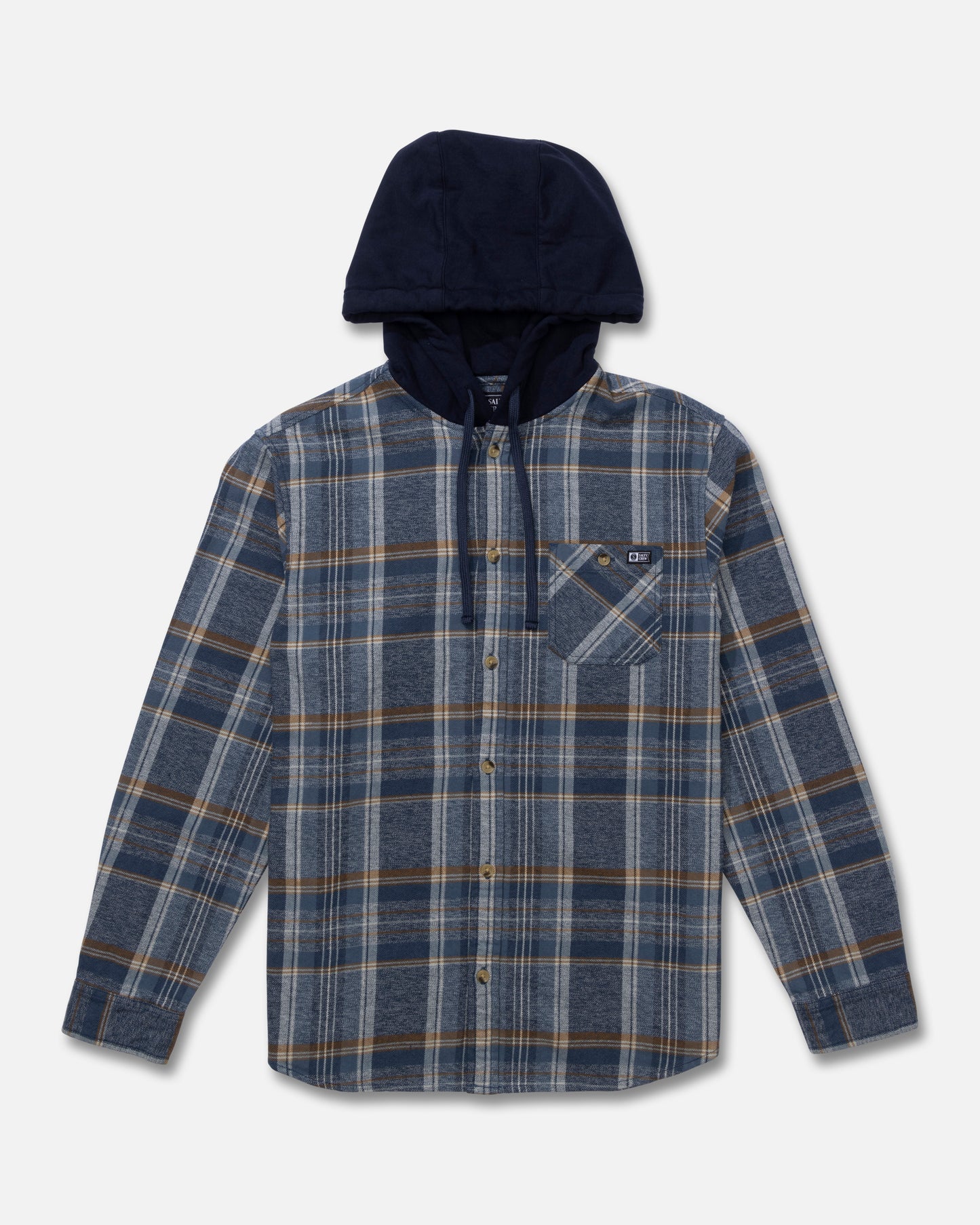 Front view of the Whitewash Hooded Flannel - Midnight Navy. 