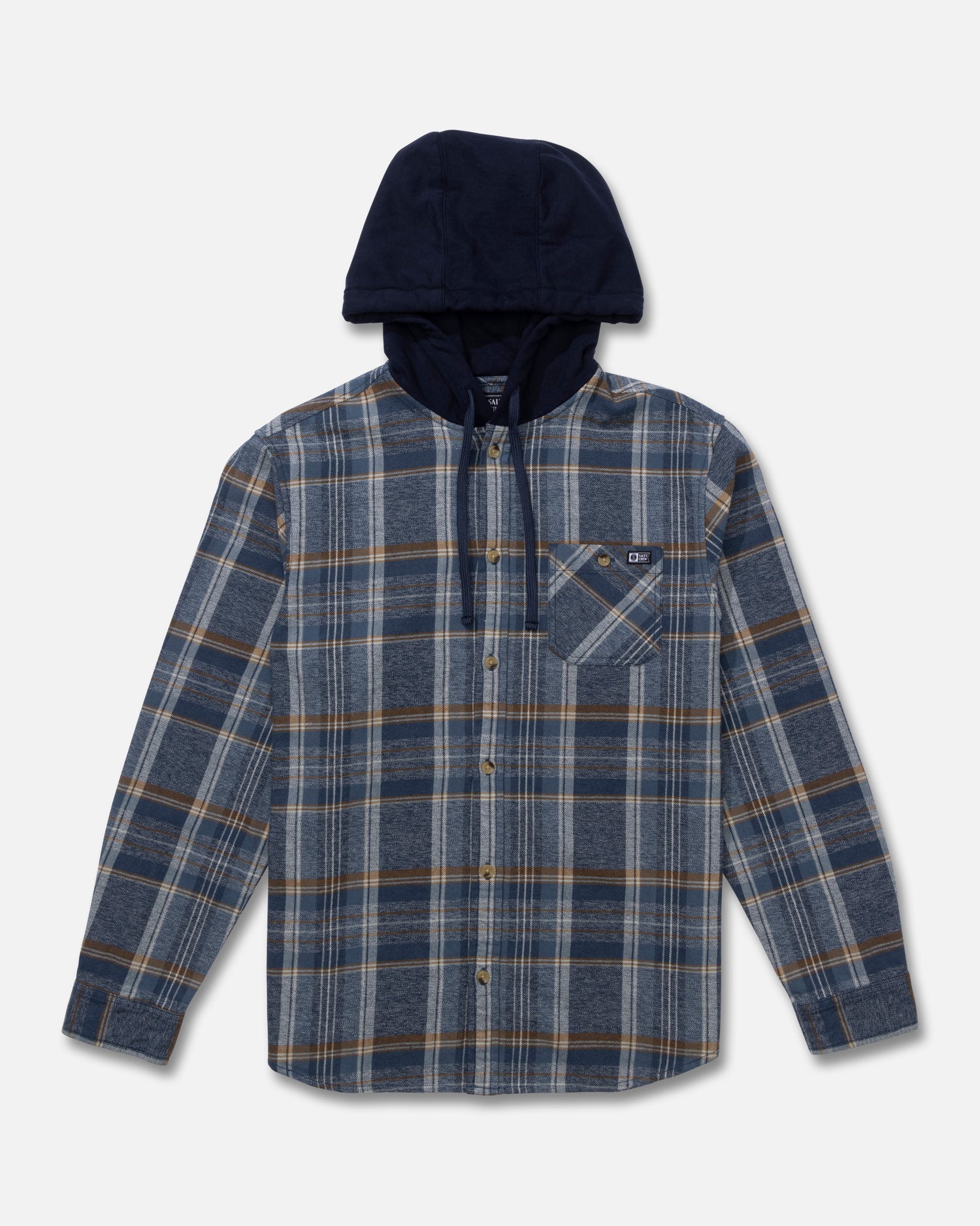 Front view of the Whitewash Hooded Flannel - Midnight Navy. 